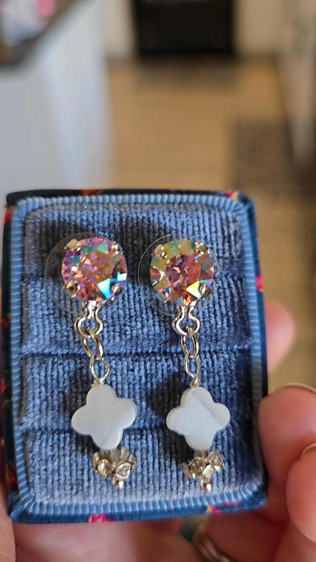 Sugar Rush Swarovski Crystal Earrings | Handmade Silver Stud | Mother of Pearl Clover Drop | Whimsical Statement Earrings