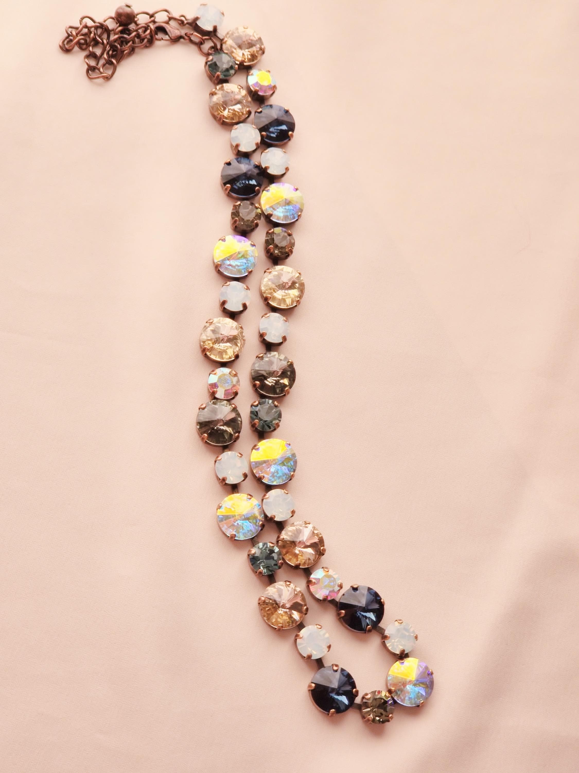 Smokeshow Chunky Crystal Statement Necklace | Austrian Crystal 8mm 12mm Necklace | White Opal and Crystal AB | Smokey Sapphire and Copper