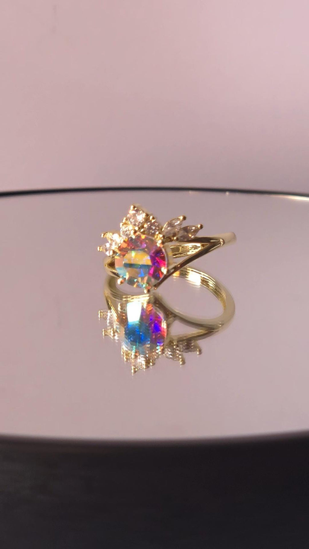 Crystal Crown Ring | Adjustable Gold Plated Cluster Ring | Genuine Swarovski Crystal, CZ Accents | Sparkling Crystal AB