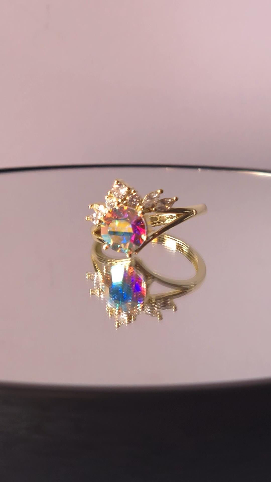 Crystal Crown Ring | Adjustable Gold Plated Cluster Ring | Genuine Swarovski Crystal, CZ Accents | Sparkling Crystal AB