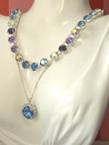 Alice Blue Swarovski Crystal Pendant Necklace | Handmade Rhodium Halo Crystal Necklace | Ice Blue Cushion Crystal Pendant