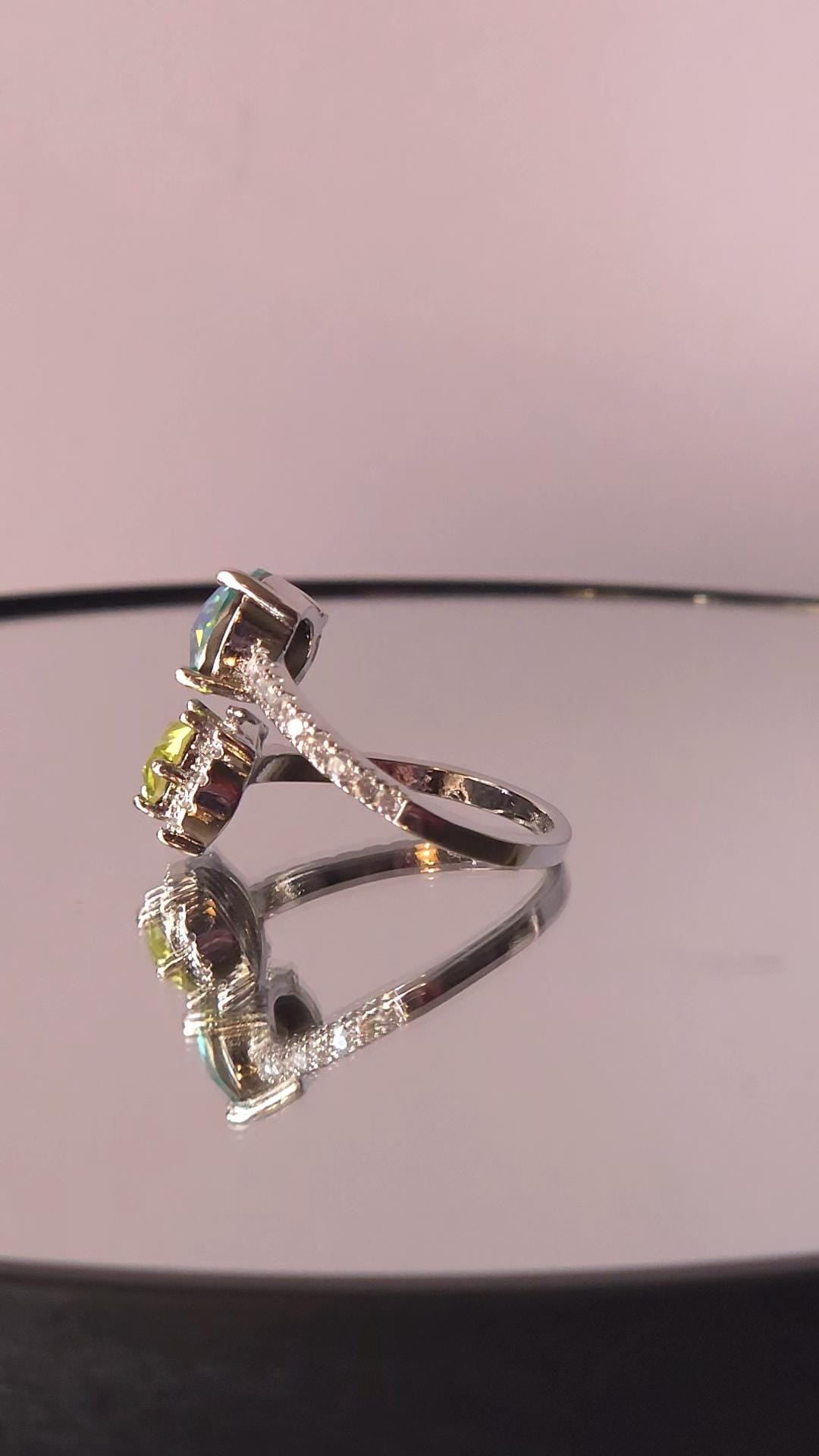 Swarovski Aqua Lemon Citrus Green Two-Stone Crystal Wrap Ring | Adjustable 925 Sterling Silver Plated Ring | Blue Green Halo Ring