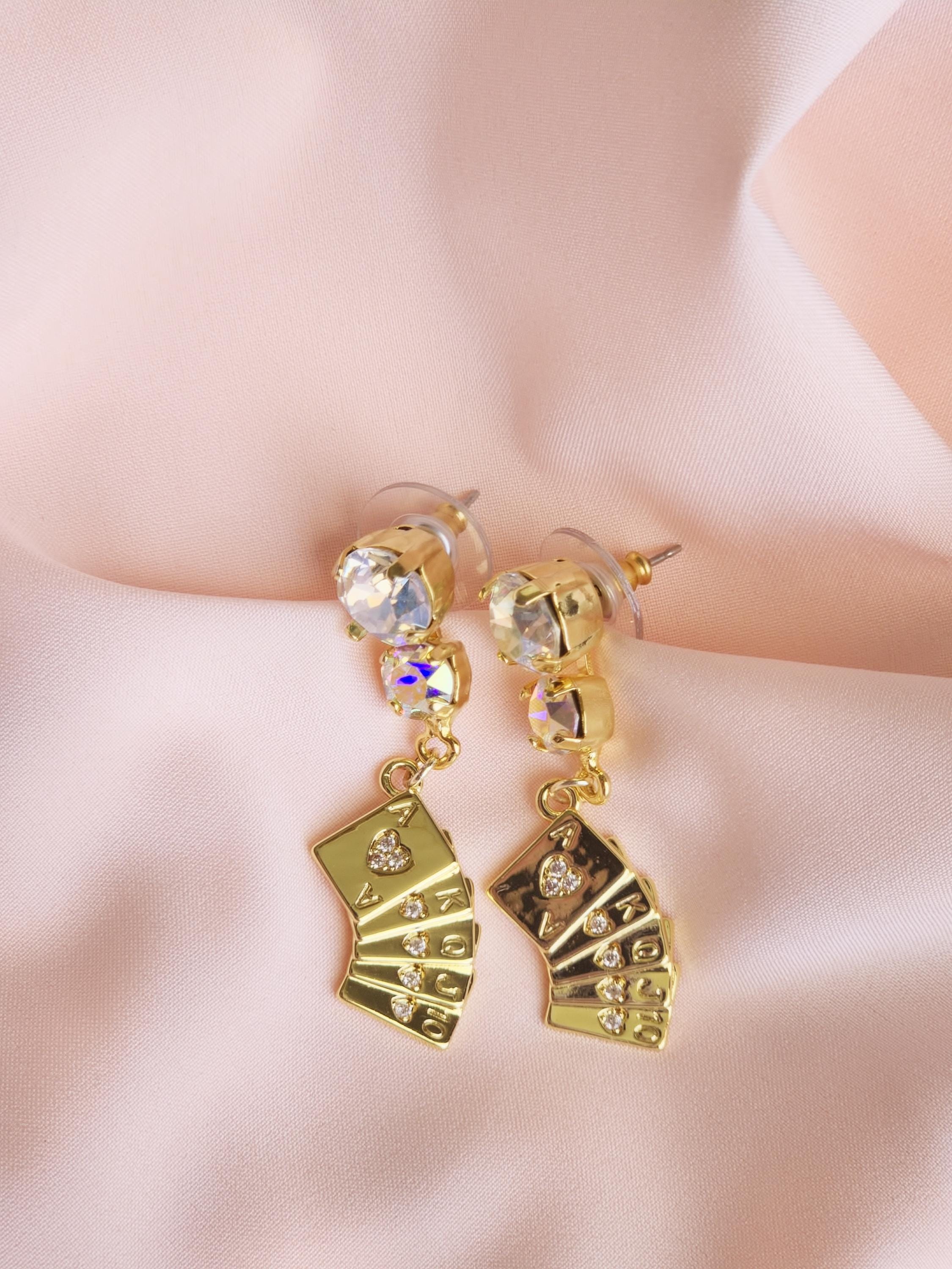 Stack the Deck Swarovski Crystal Earrings | Handmade Gold Ace Playing Card Charm Drop | Crystal Moonlight AB Stud | Vegas Lucky Jewelry