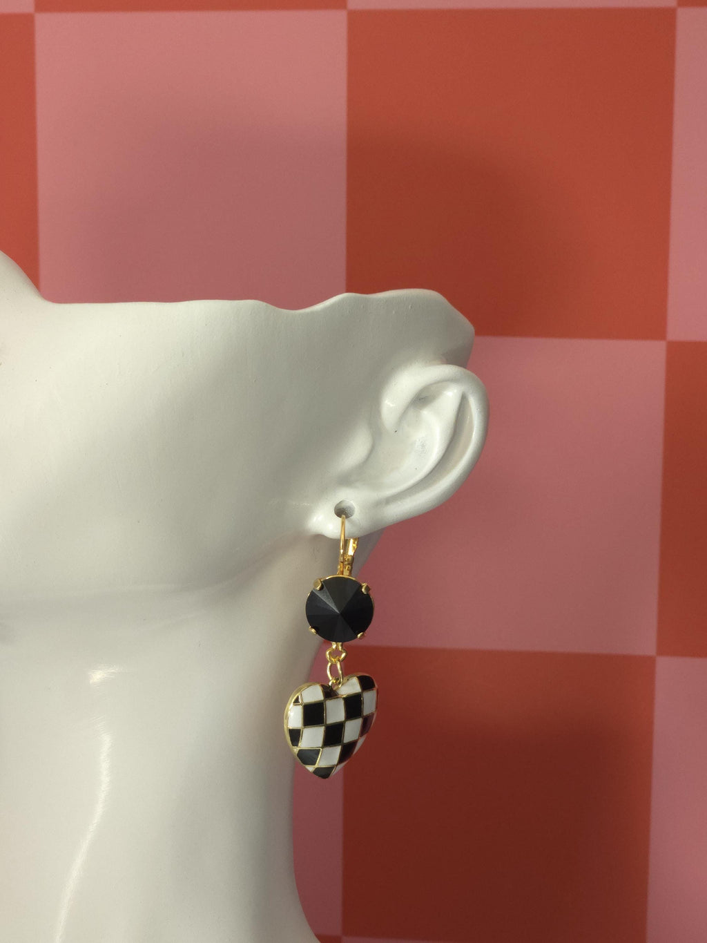 Checkmate Heart Swarovski Crystal Dangle Earrings | Handmade Gold Plated Charm Earrings | Jet Crystal Checkered Heart Earrings