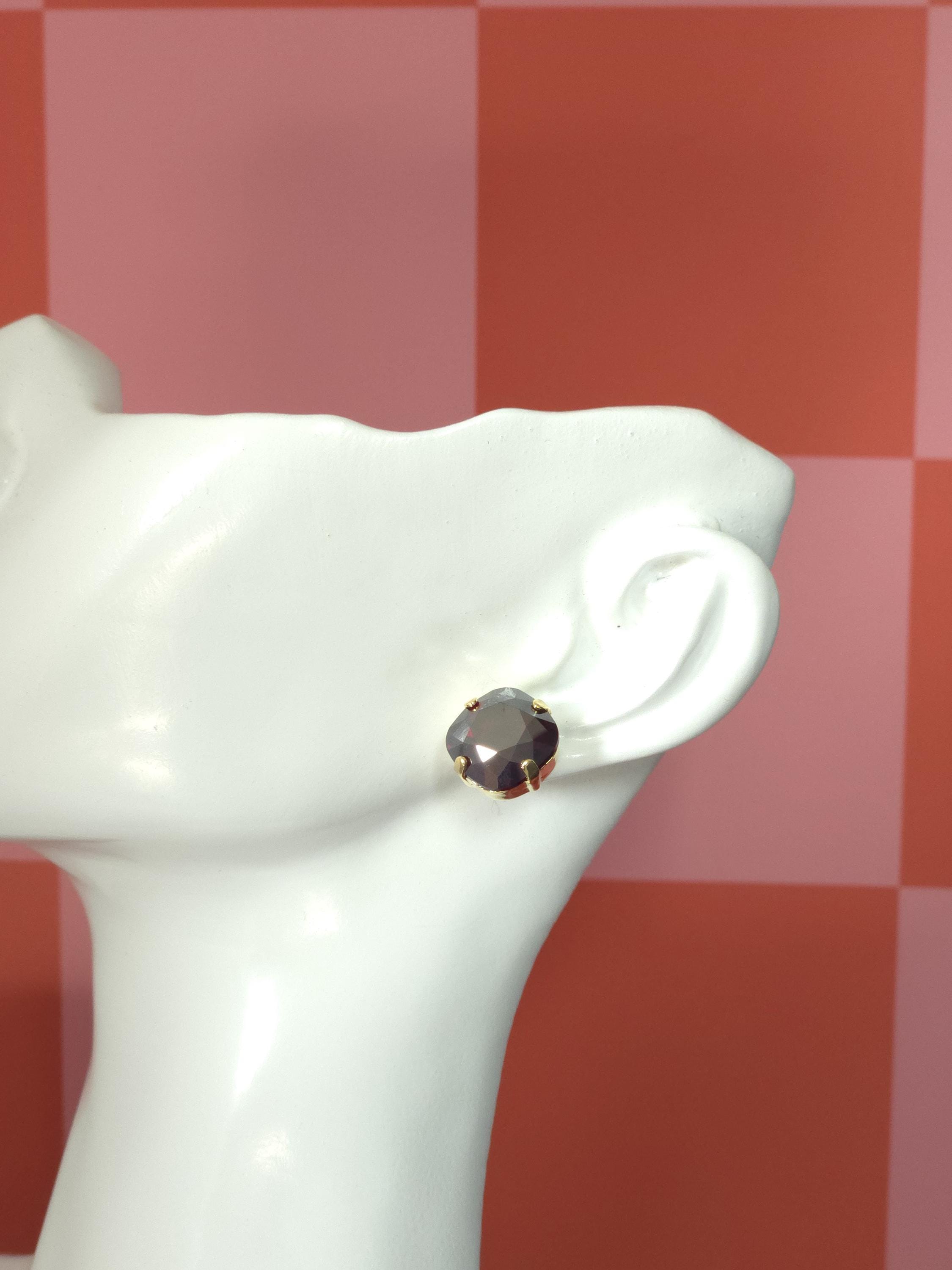 Blood Rose Swarovski Crystal Stud Earrings | Handmade Gold Plated Cushion Earrings | Deep Red Crystal Studs