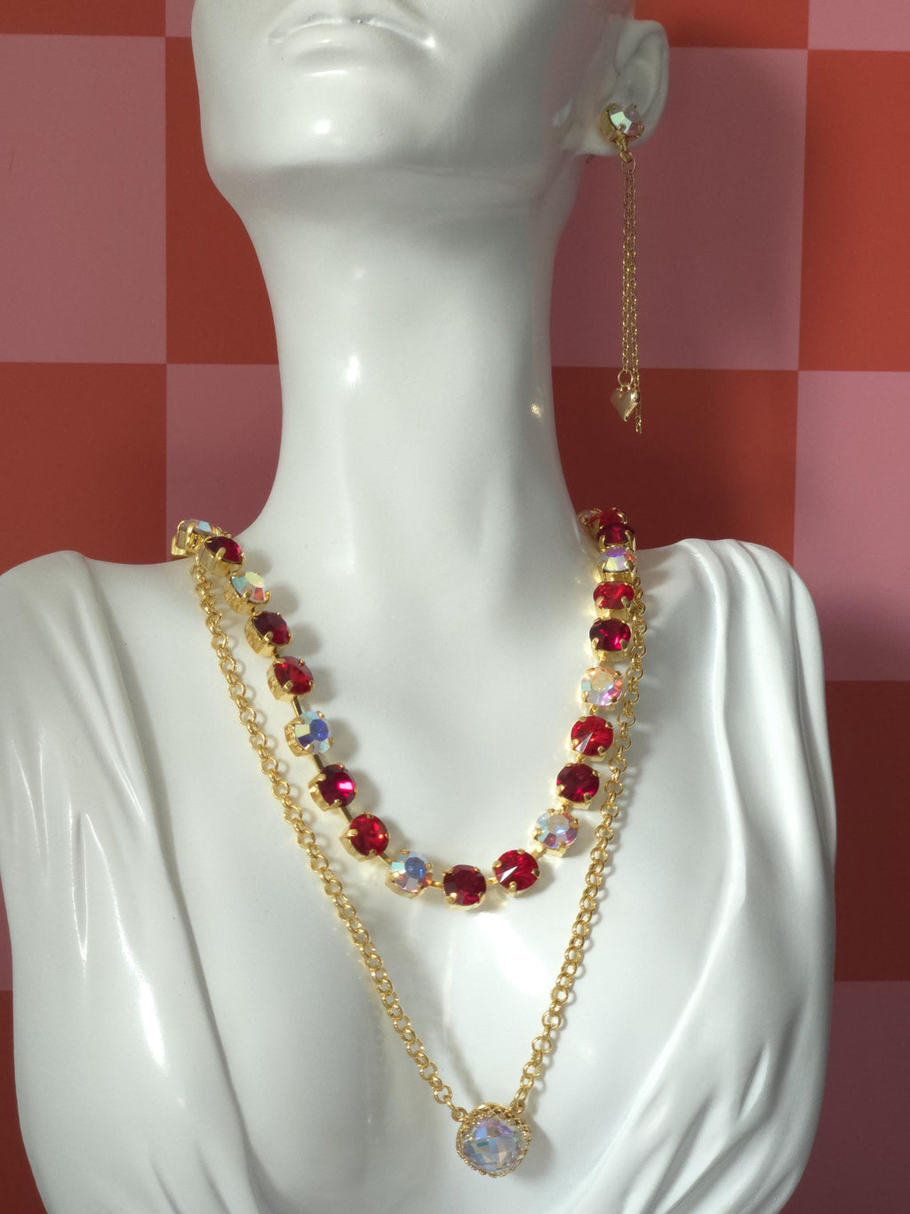 Unbirthday Swarovski Crystal Necklace | Handmade Gold Plated Statement Necklace | Crystal AB Ruby & Siam Cup Chain Choker
