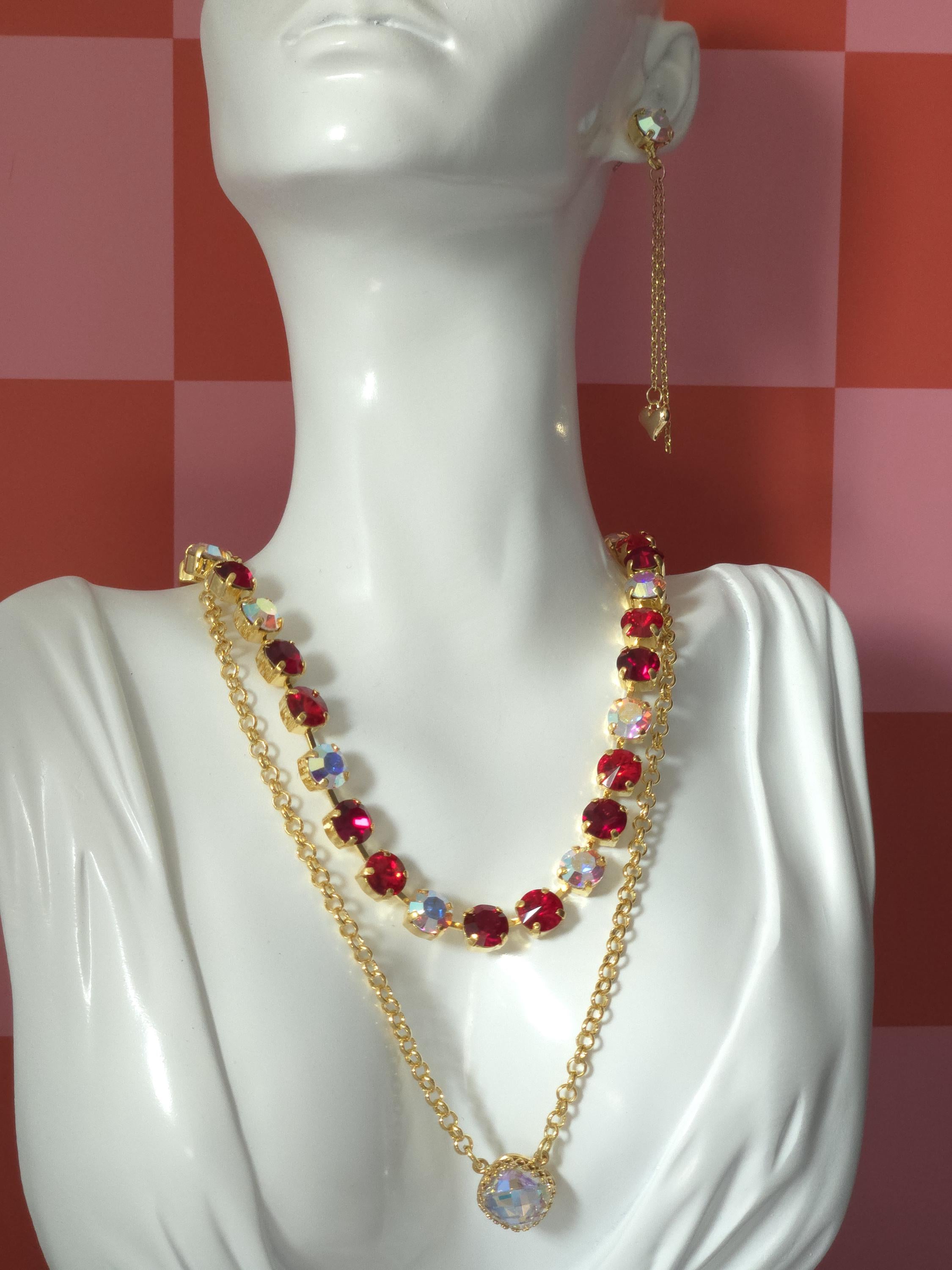Unbirthday Swarovski Crystal Necklace | Handmade Gold Plated Statement Necklace | Crystal AB Ruby & Siam Cup Chain Choker