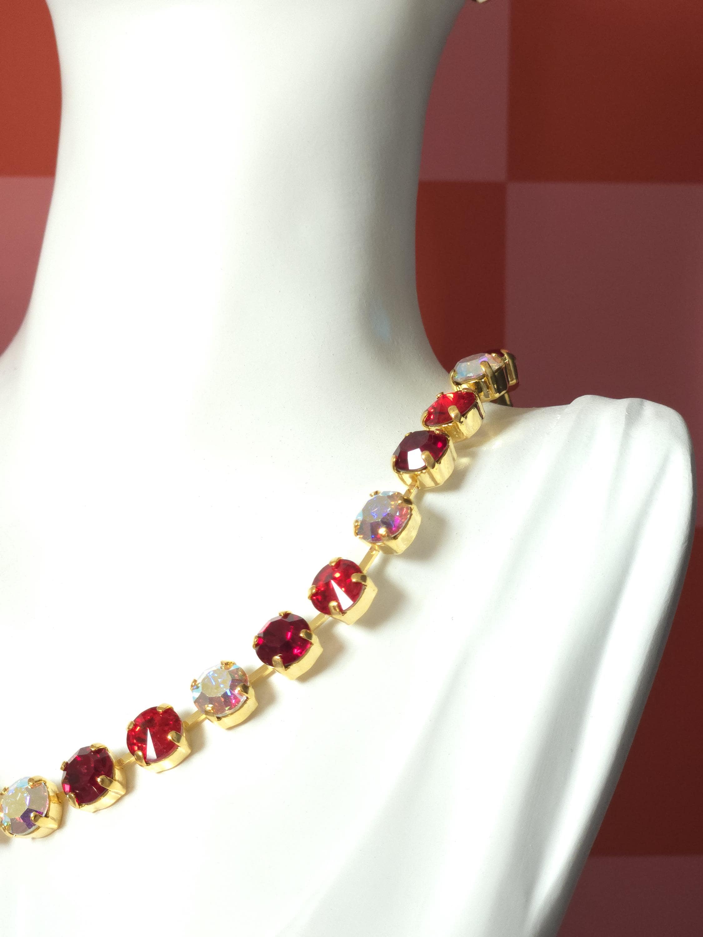 Unbirthday Swarovski Crystal Necklace | Handmade Gold Plated Statement Necklace | Crystal AB Ruby & Siam Cup Chain Choker