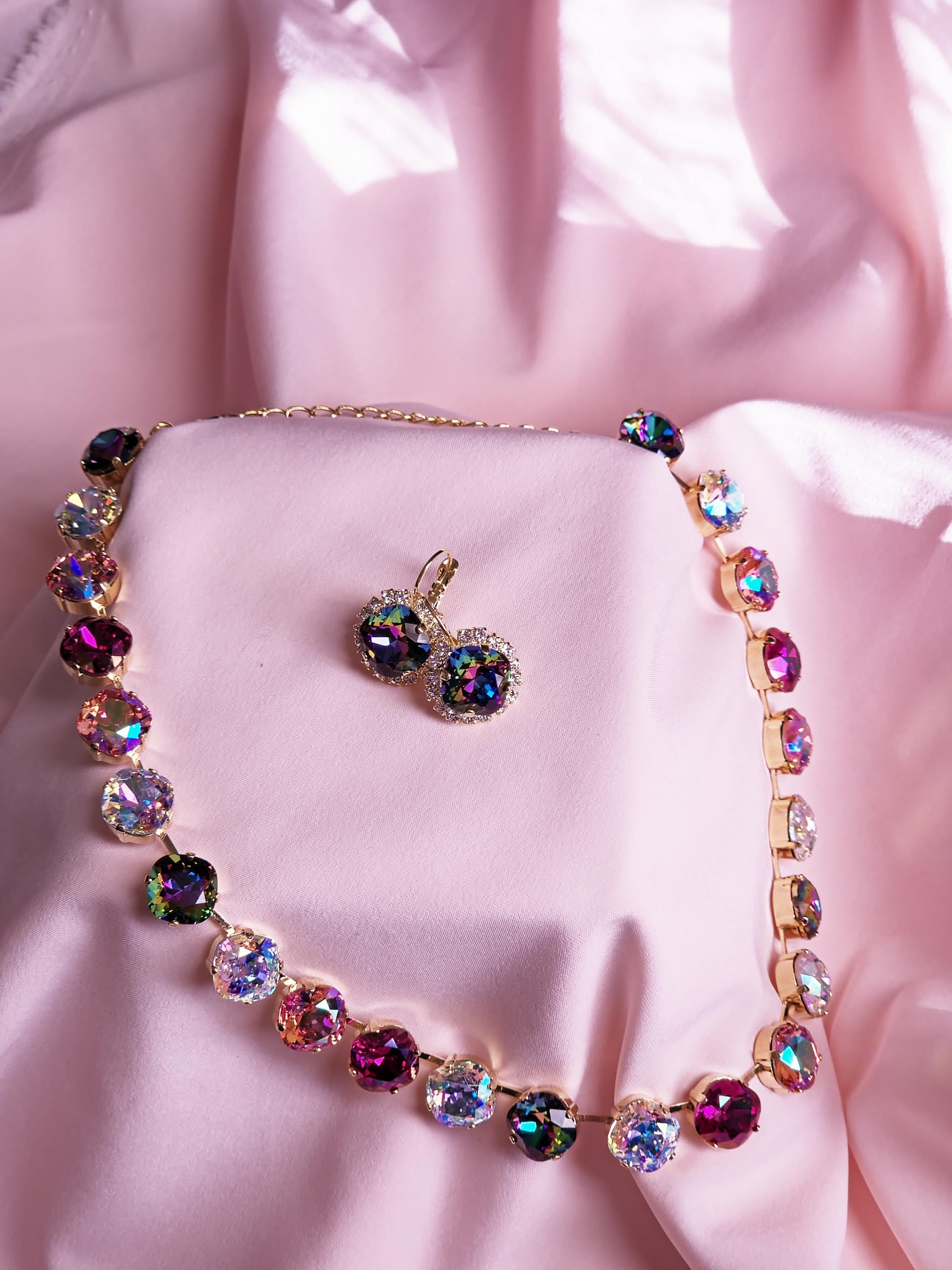 Swarovski Crystal Aurora Borealis Tears of Isis Statement Necklace | Gold Tone Cushion Cut Cascade