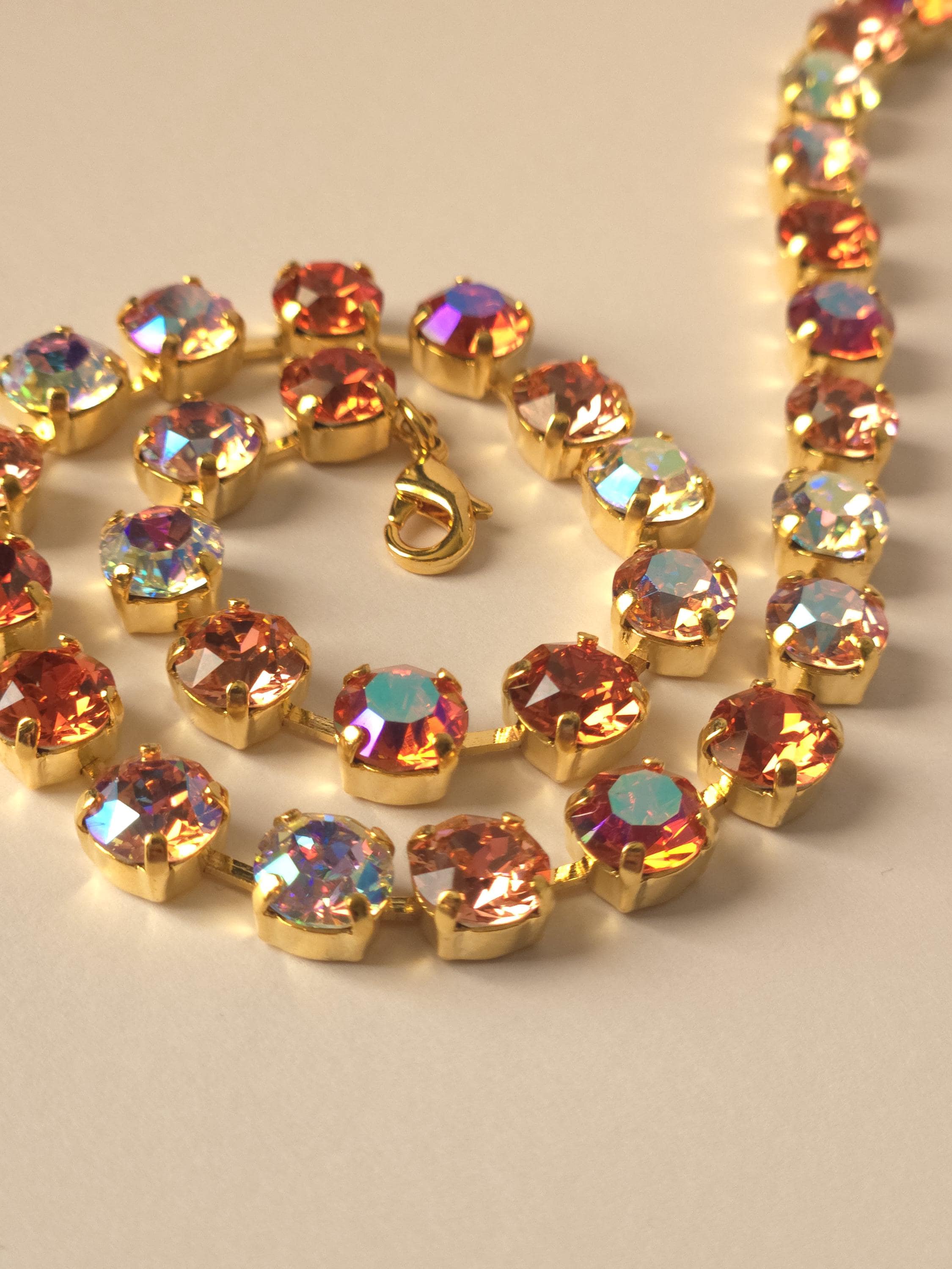 18K Gold Plated Padparadscha Crystal Jewelry Set | Swarovski & Preciosa Crystal Necklace, Earrings, Bracelet | Peach Rose Bridal Jewelry