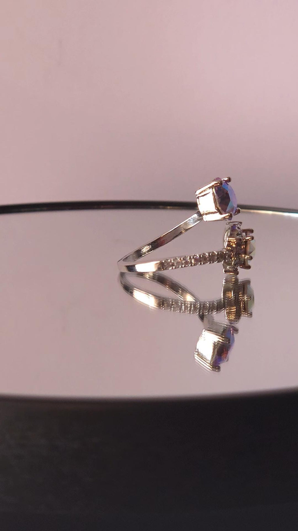 Swarovski Rose Shimmer Crystal AB Two-Stone Crystal Wrap Ring | Adjustable 925 Sterling Silver Plated Ring | Iridescent Halo Ring