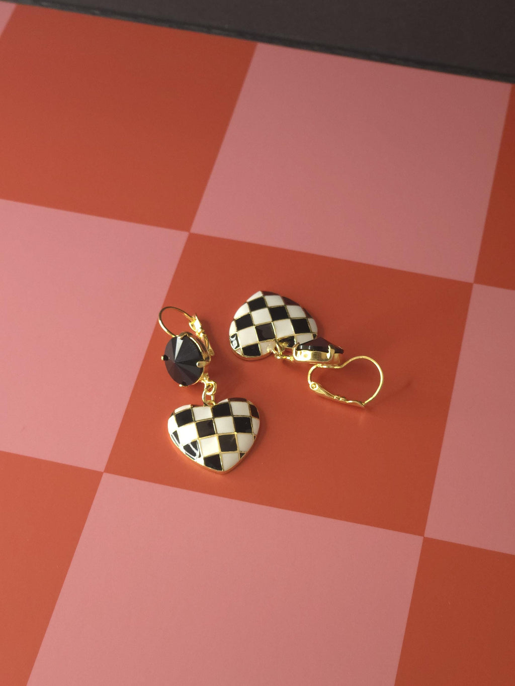 Checkmate Heart Swarovski Crystal Dangle Earrings | Handmade Gold Plated Charm Earrings | Jet Crystal Checkered Heart Earrings