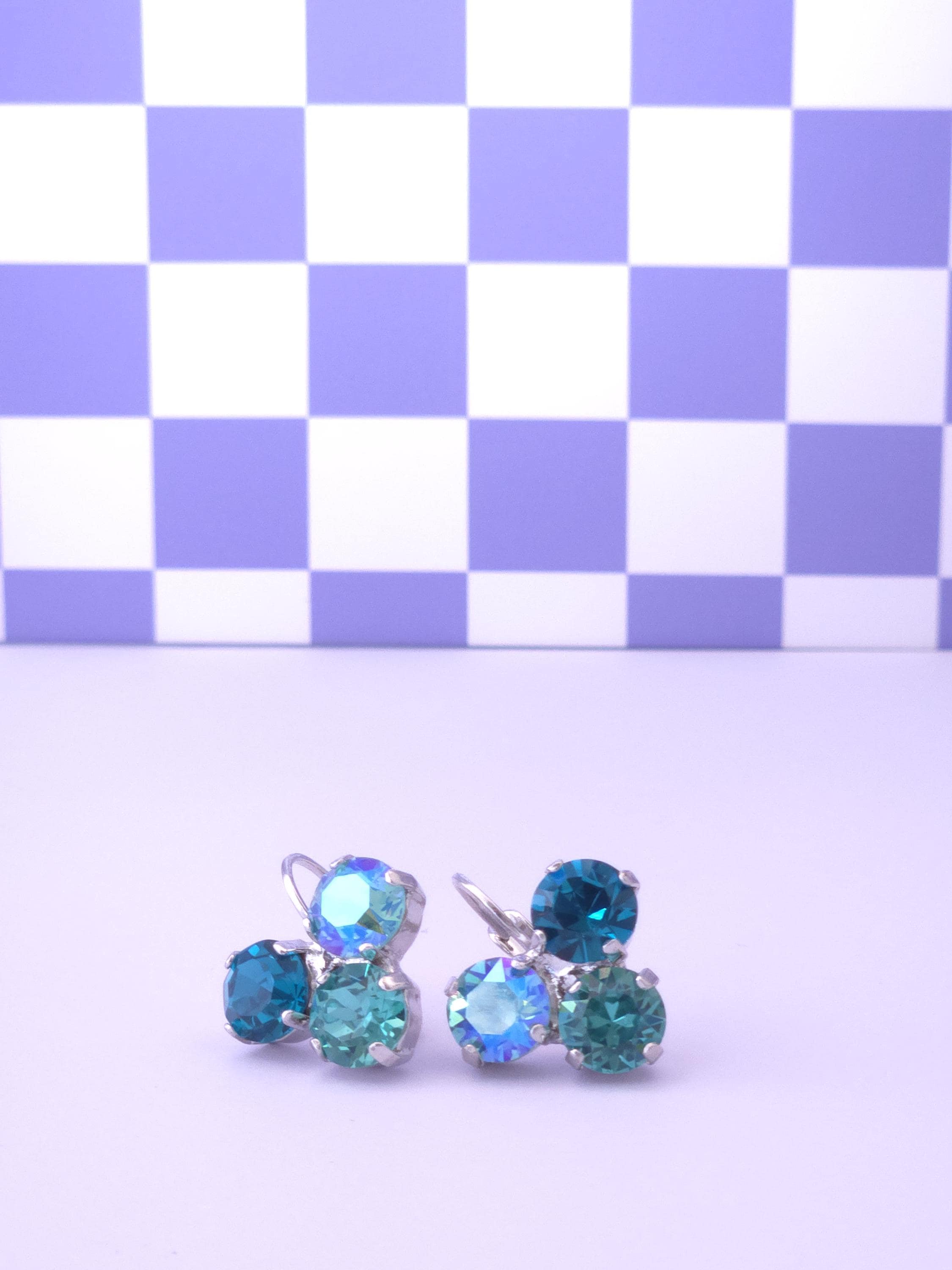 Mermaid Green Crystal Trio Leverback Earrings | 8mm Austrian Crystal Statement Jewelry