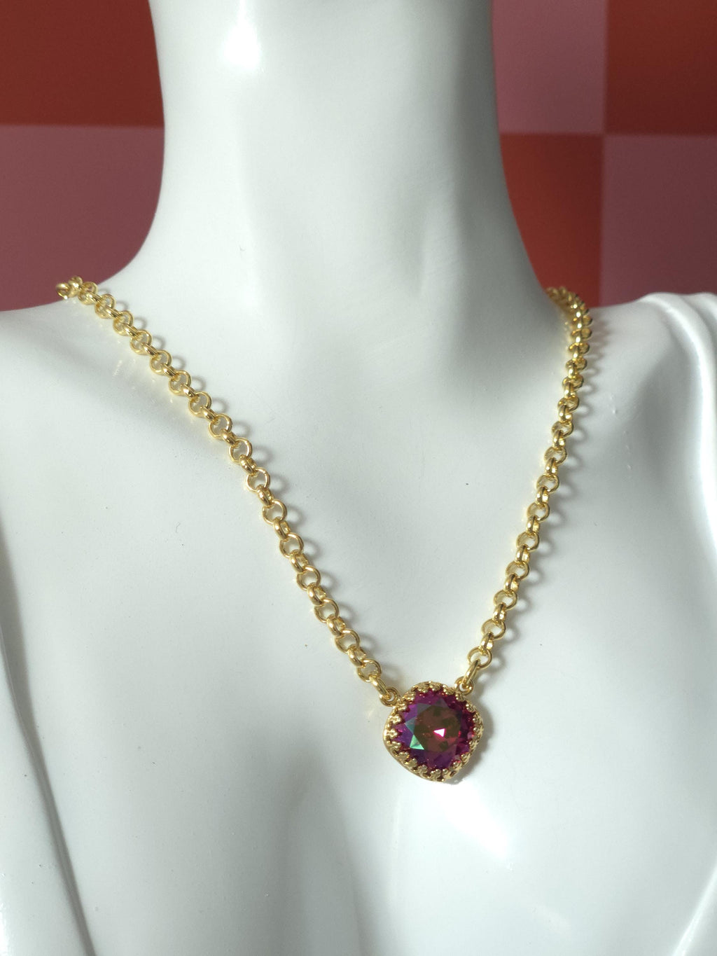 Painted Rose Swarovski Crystal Pendant Necklace | Handmade Gold Plated Crown Pendant | Fuchsia Maui Lava Crystal Necklace