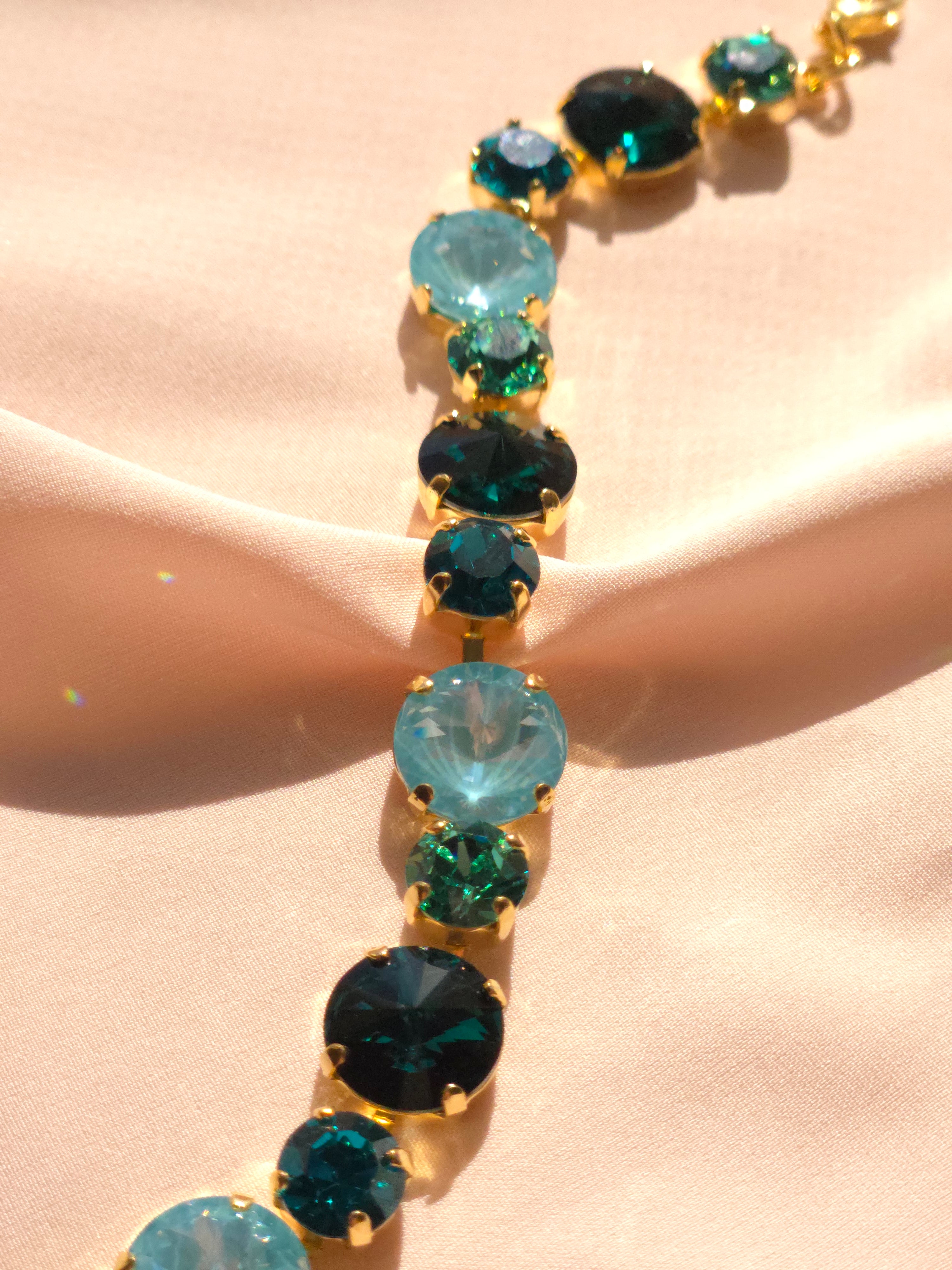 Gold Crystal Rivoli Bracelet – Emerald, Caribbean Green & Paradise Blue Lux Swarovski Crystals