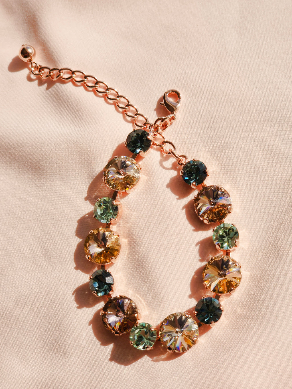 Rose Gold Crystal Rivoli Bracelet – Vintage Rose, Silk, Chrysolite & Smoky Sapphire Swarovski Crystals