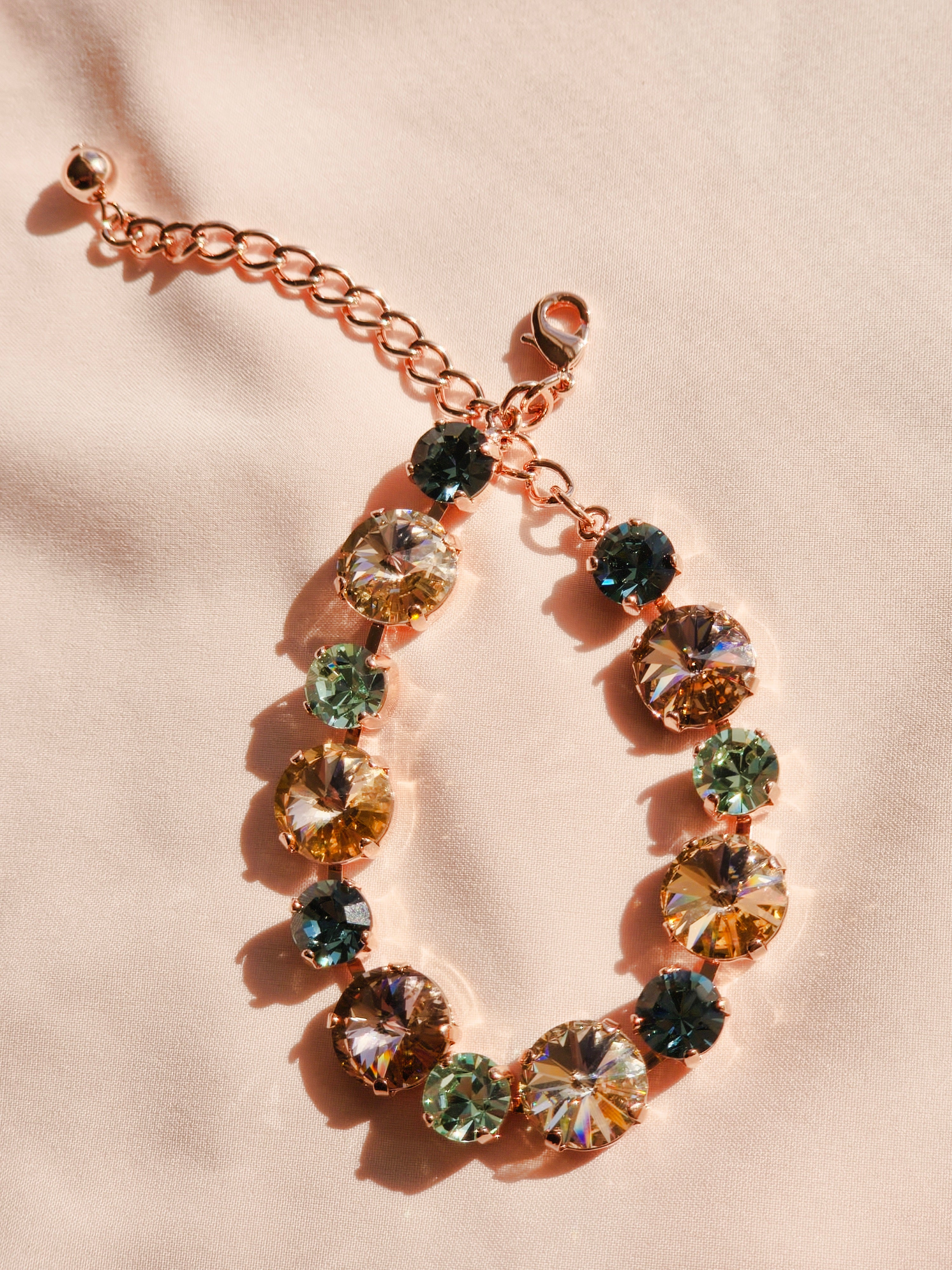 Rose Gold Crystal Rivoli Bracelet – Vintage Rose, Silk, Chrysolite & Smoky Sapphire Swarovski Crystals