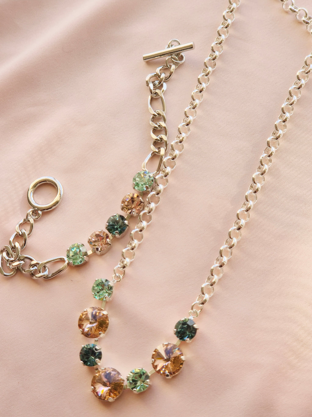 Rhodium Crystal Rivoli Necklace – Smoky Sapphire, Chrysolite & Vintage Rose Swarovski Crystals