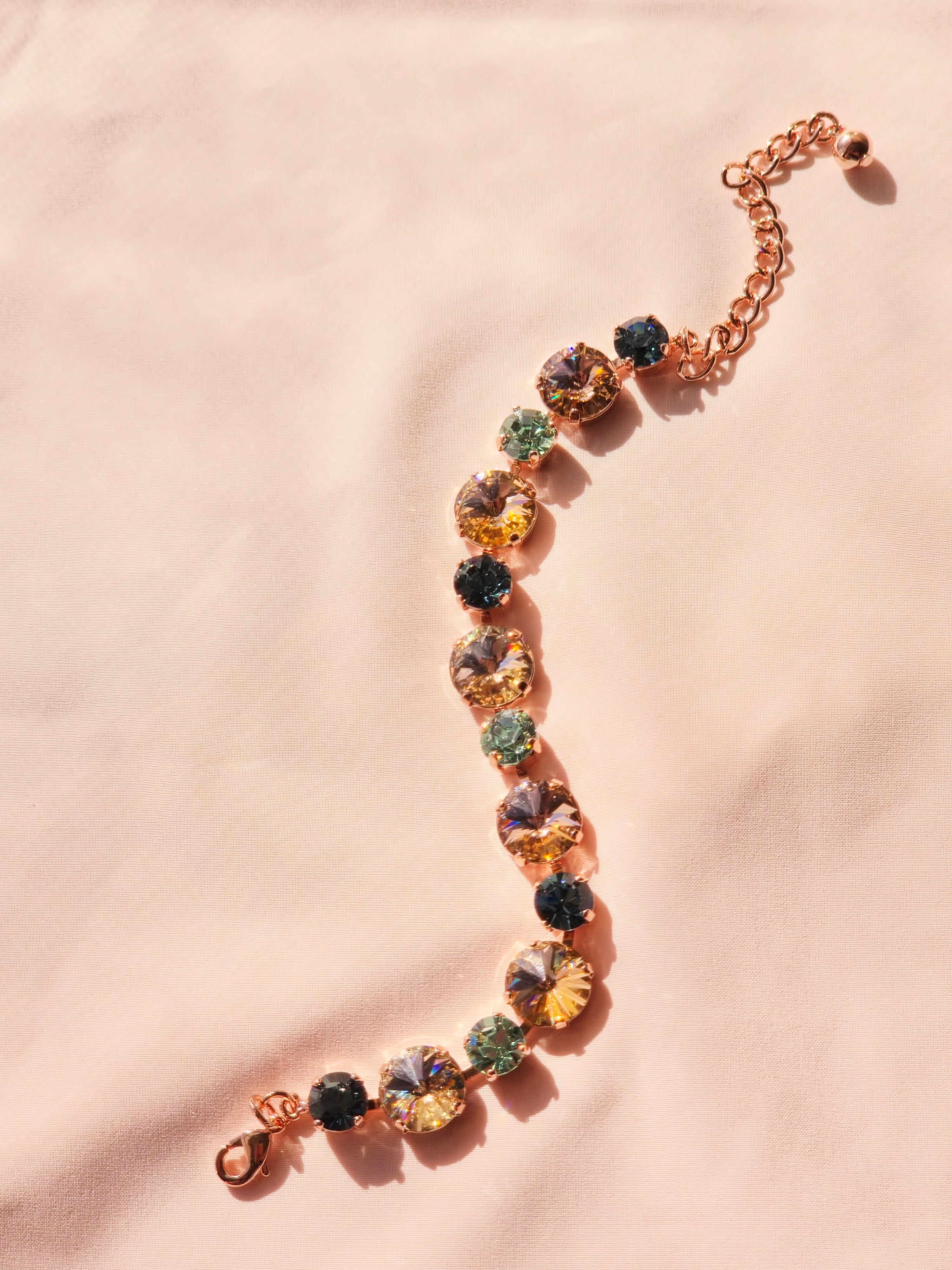 Rose Gold Crystal Rivoli Bracelet – Vintage Rose, Silk, Chrysolite & Smoky Sapphire Swarovski Crystals