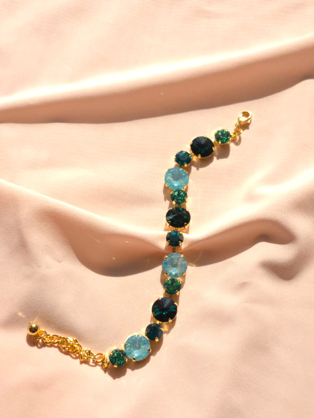 Gold Crystal Rivoli Bracelet – Emerald, Caribbean Green & Paradise Blue Lux Swarovski Crystals