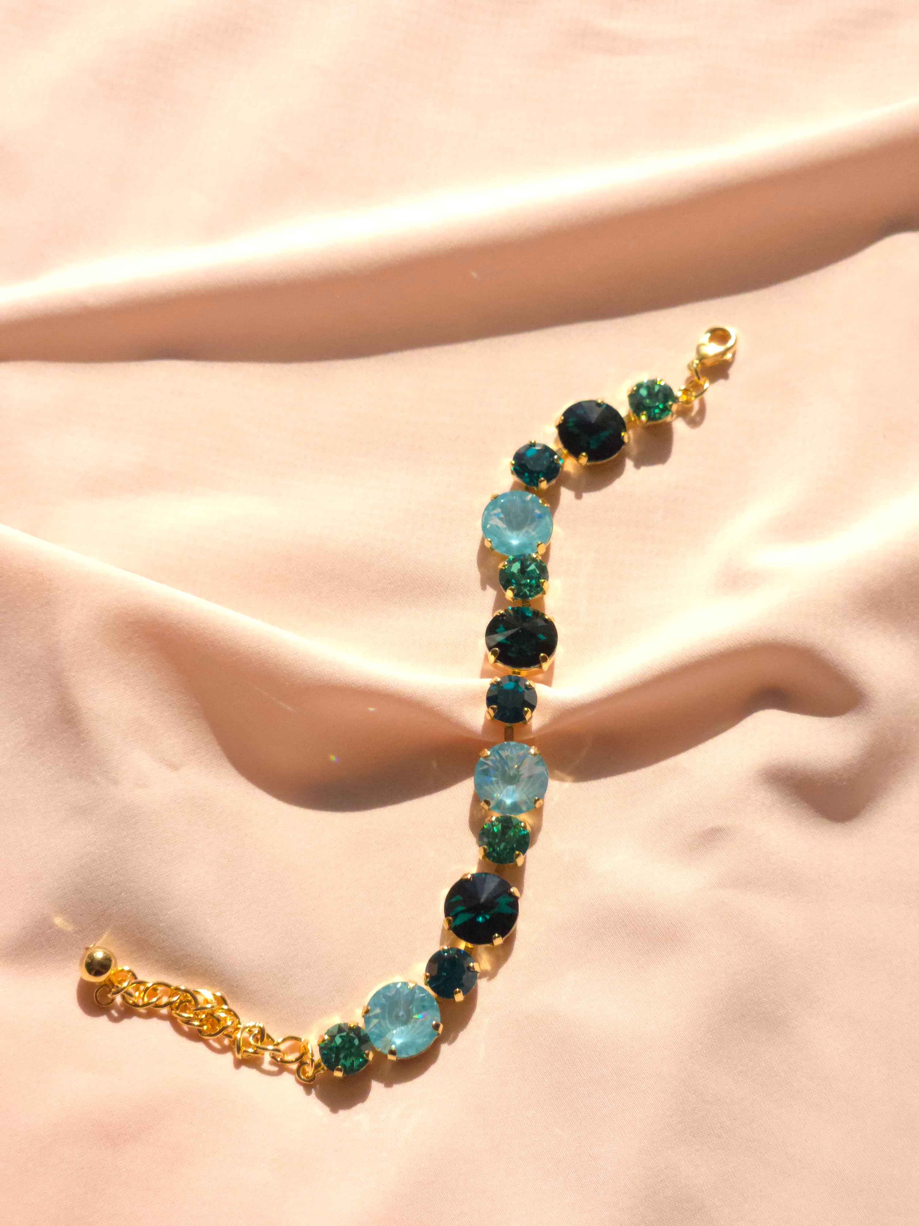 Gold Crystal Rivoli Bracelet – Emerald, Caribbean Green & Paradise Blue Lux Swarovski Crystals