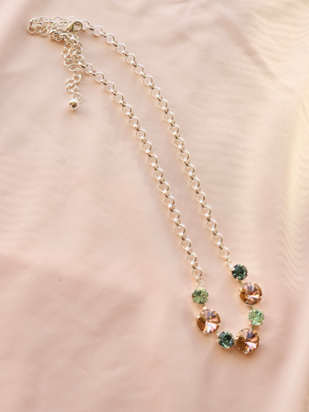Rhodium Crystal Rivoli Necklace – Smoky Sapphire, Chrysolite & Vintage Rose Swarovski Crystals