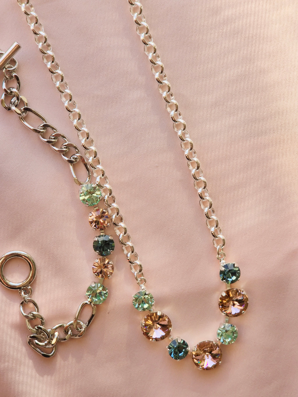 Rhodium Crystal Rivoli Necklace – Smoky Sapphire, Chrysolite & Vintage Rose Swarovski Crystals