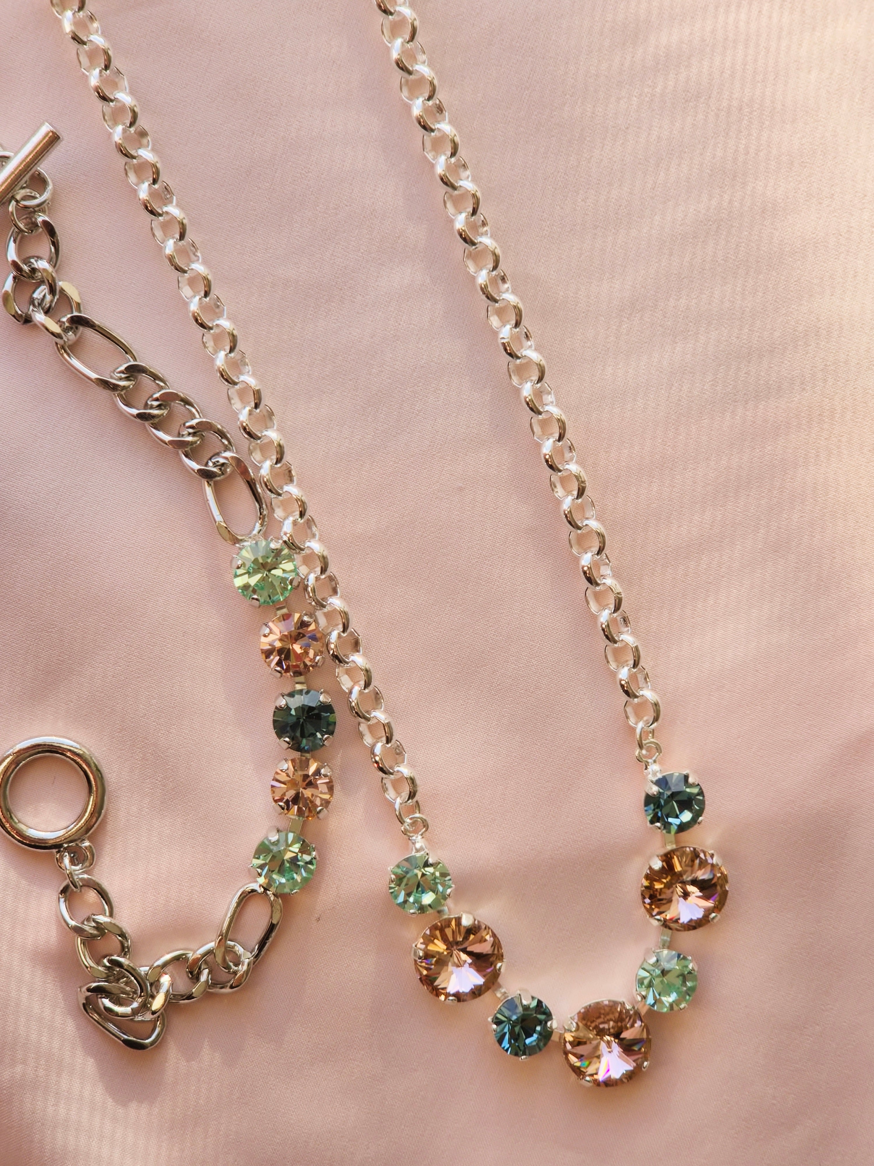 Rhodium Crystal Rivoli Necklace – Smoky Sapphire, Chrysolite & Vintage Rose Swarovski Crystals