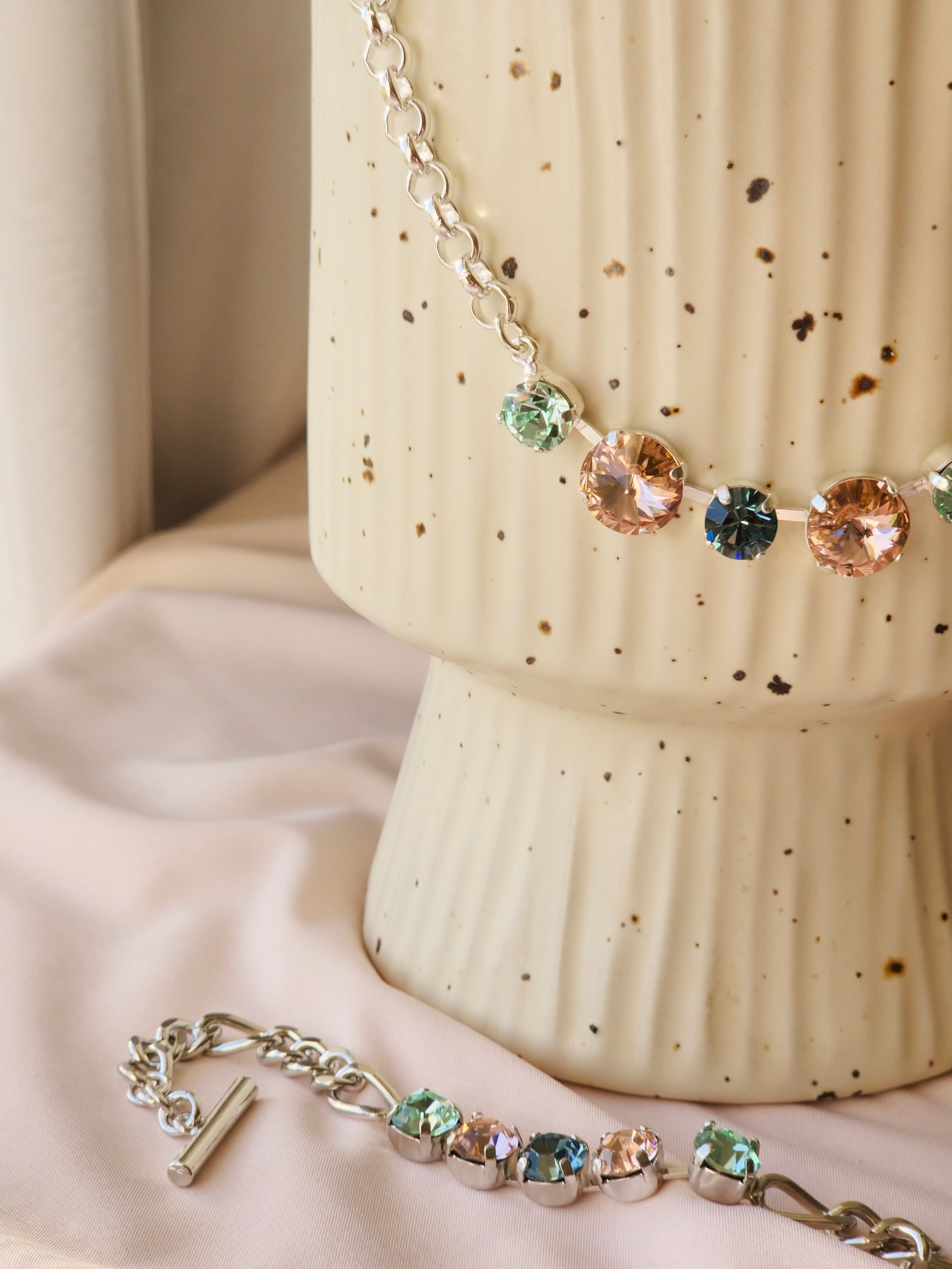 Rhodium Crystal Rivoli Necklace – Smoky Sapphire, Chrysolite & Vintage Rose Swarovski Crystals
