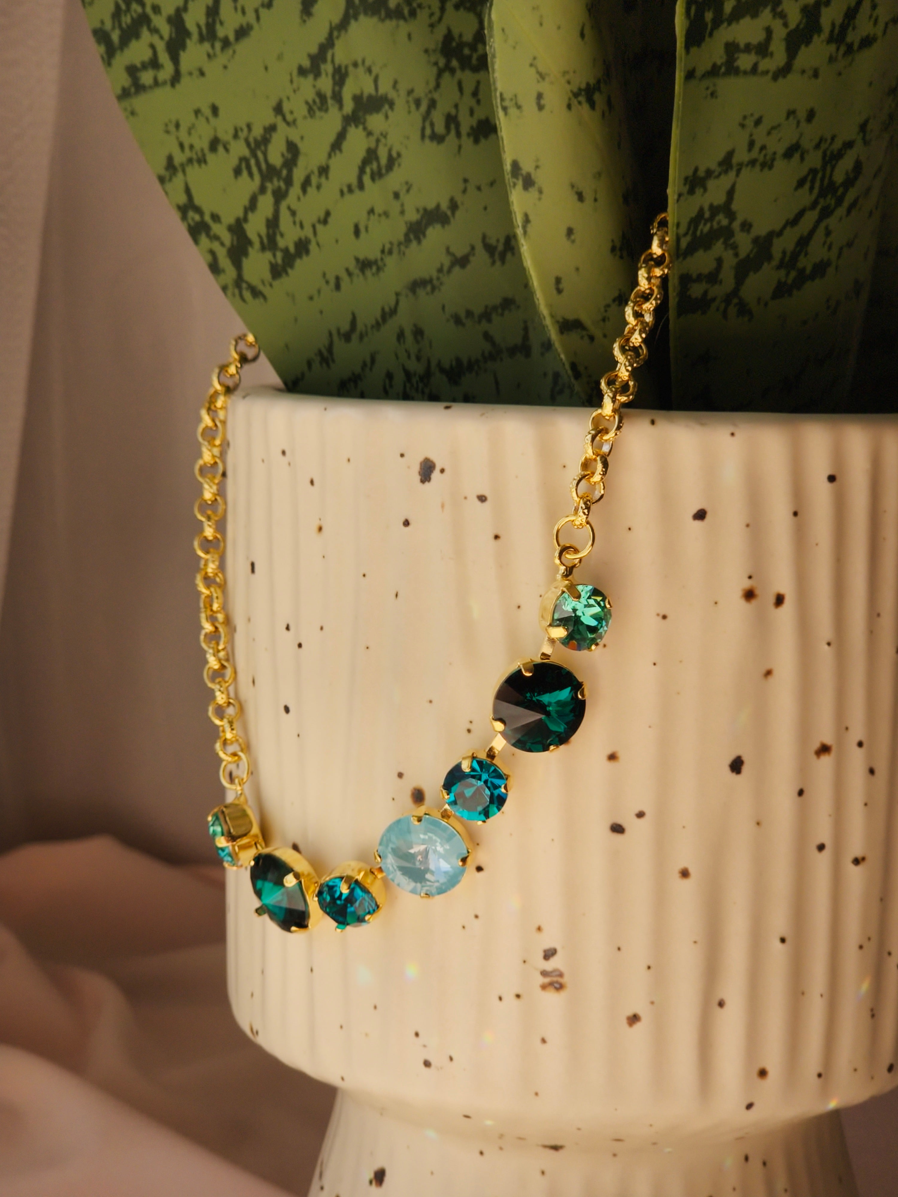 Gold Crystal Rivoli Necklace – Emerald, Caribbean Green & Paradise Blue Lux Swarovski Crystals
