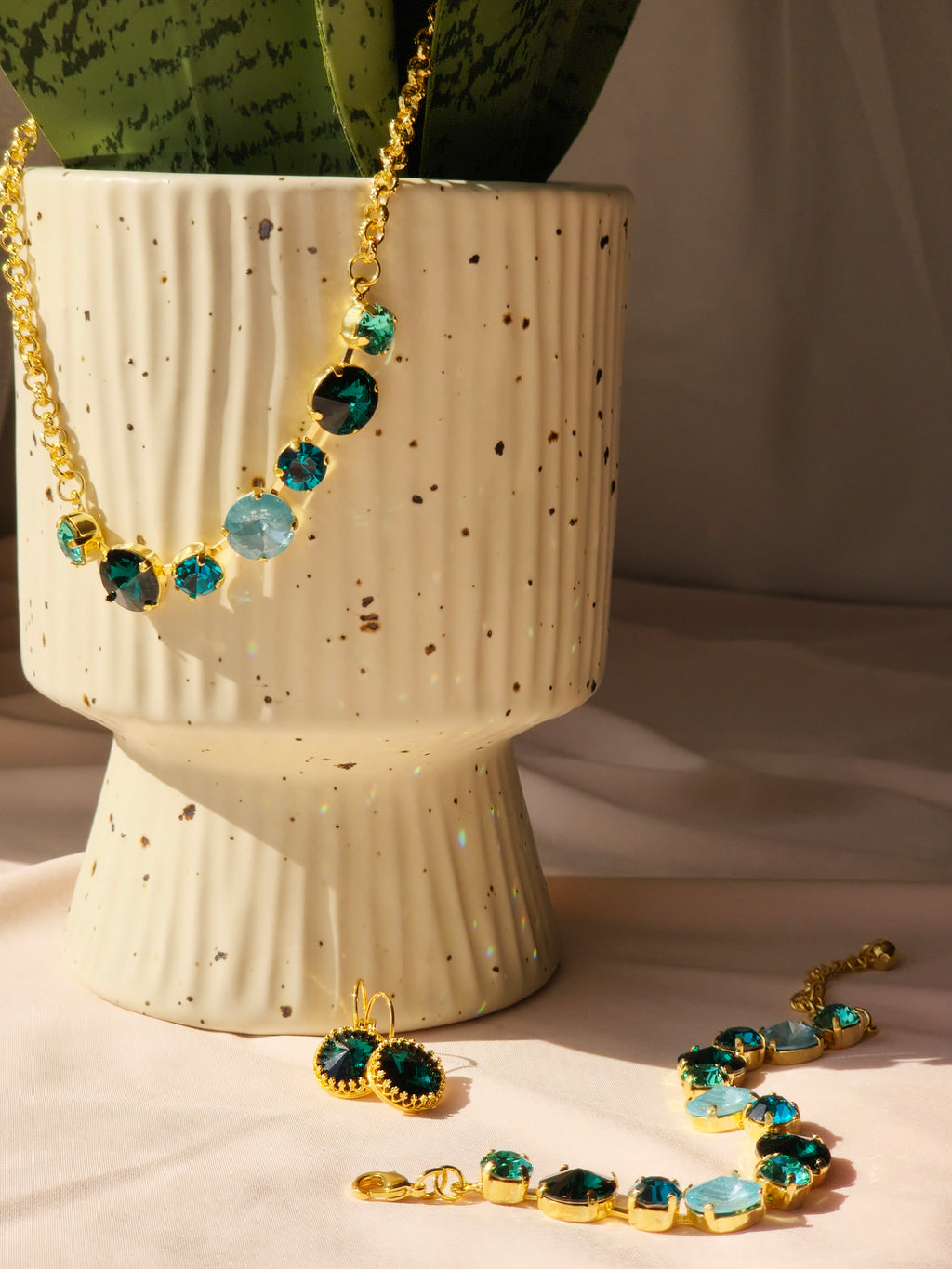 Gold Crystal Rivoli Bracelet – Emerald, Caribbean Green & Paradise Blue Lux Swarovski Crystals