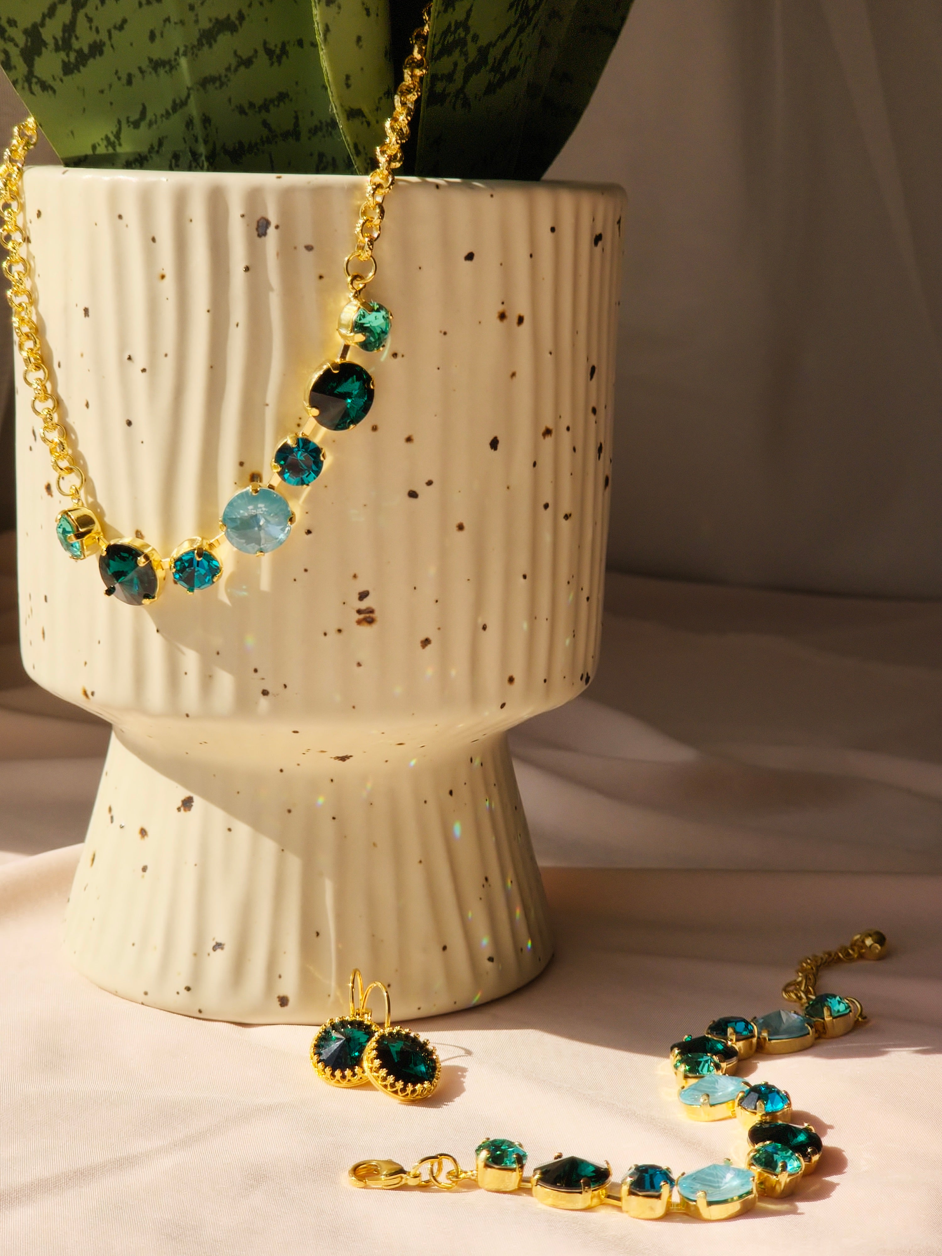 Gold Crystal Rivoli Bracelet – Emerald, Caribbean Green & Paradise Blue Lux Swarovski Crystals