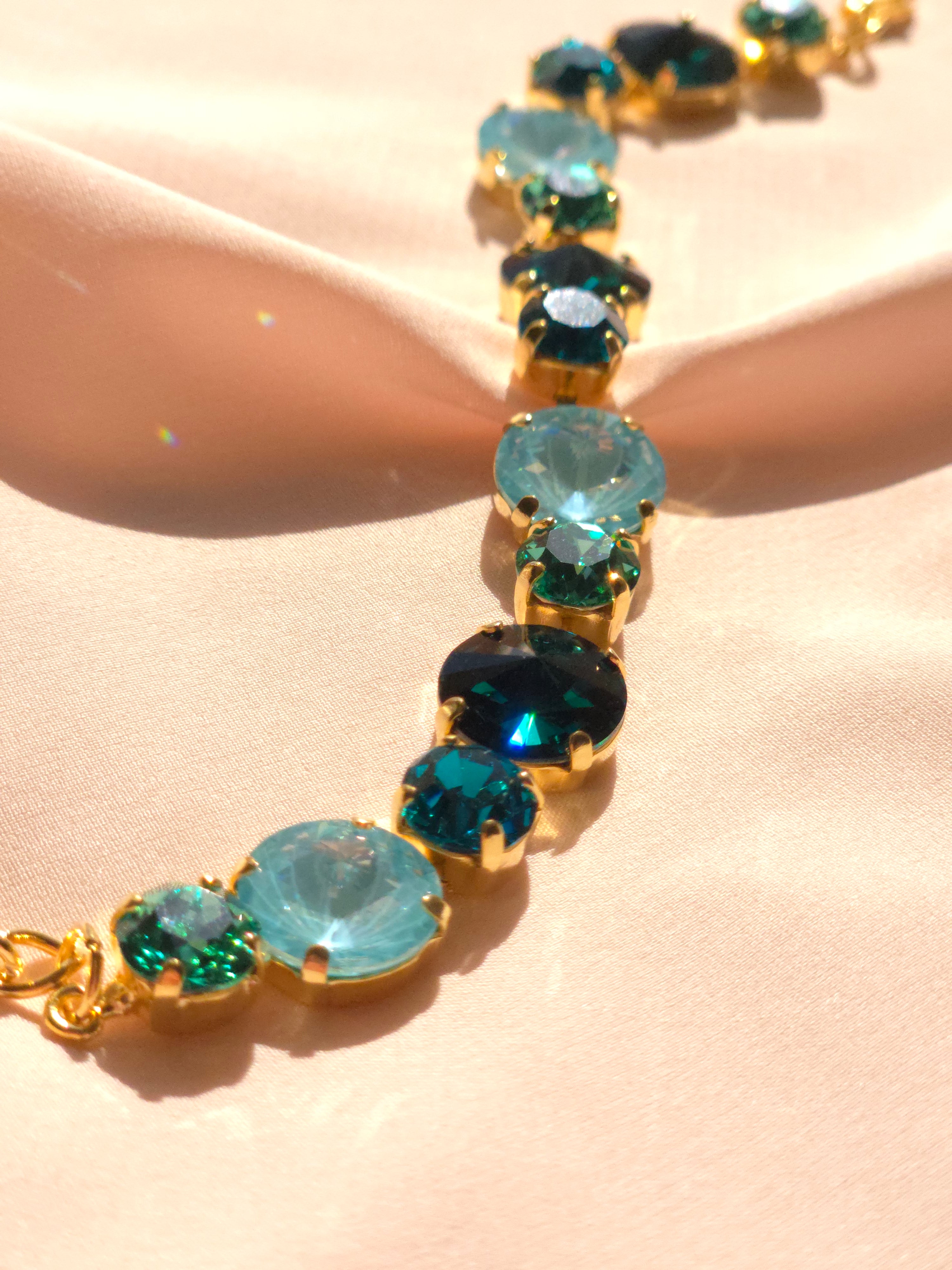 Gold Crystal Rivoli Bracelet – Emerald, Caribbean Green & Paradise Blue Lux Swarovski Crystals