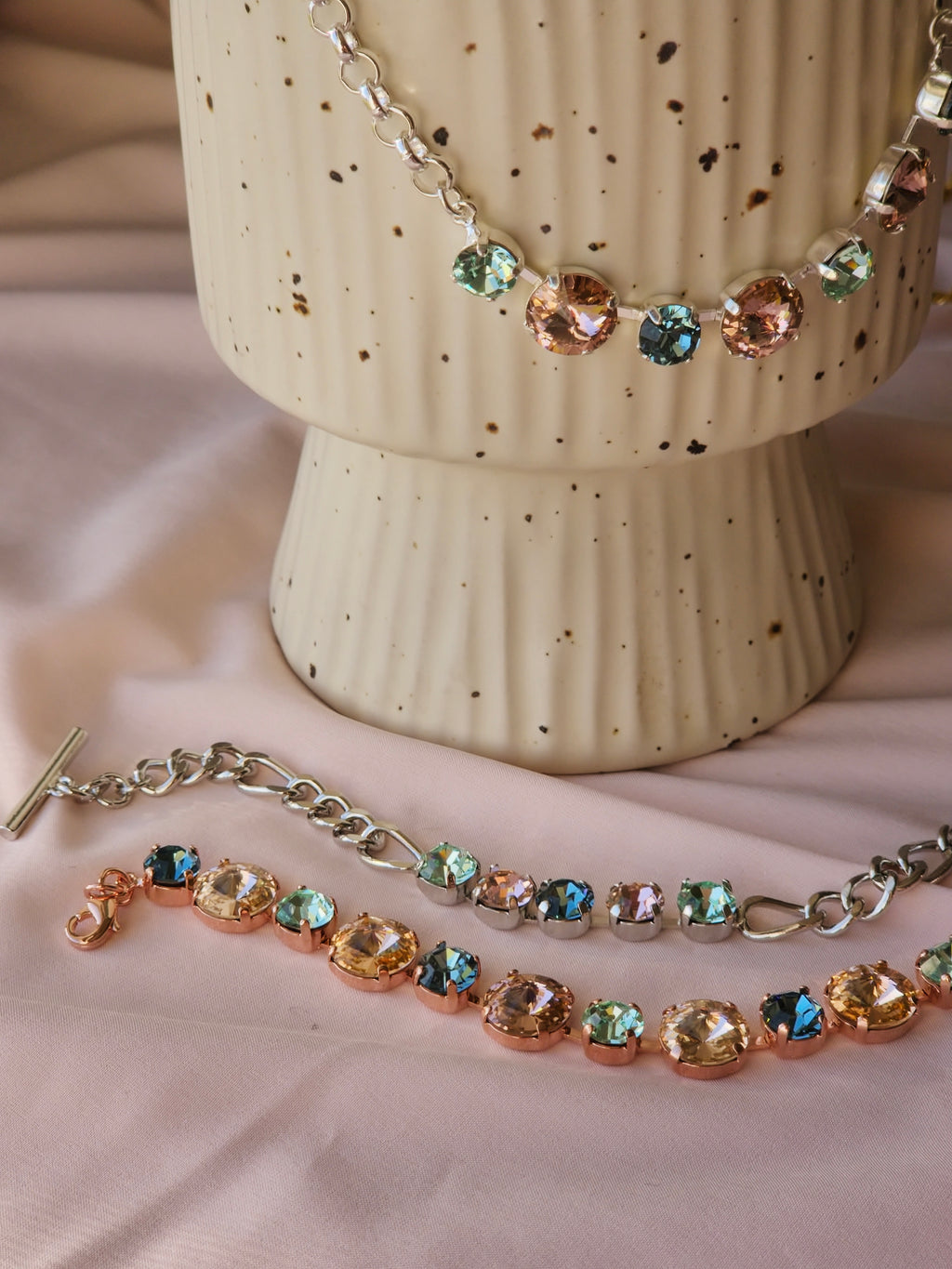 Rhodium Crystal Rivoli Necklace – Smoky Sapphire, Chrysolite & Vintage Rose Swarovski Crystals