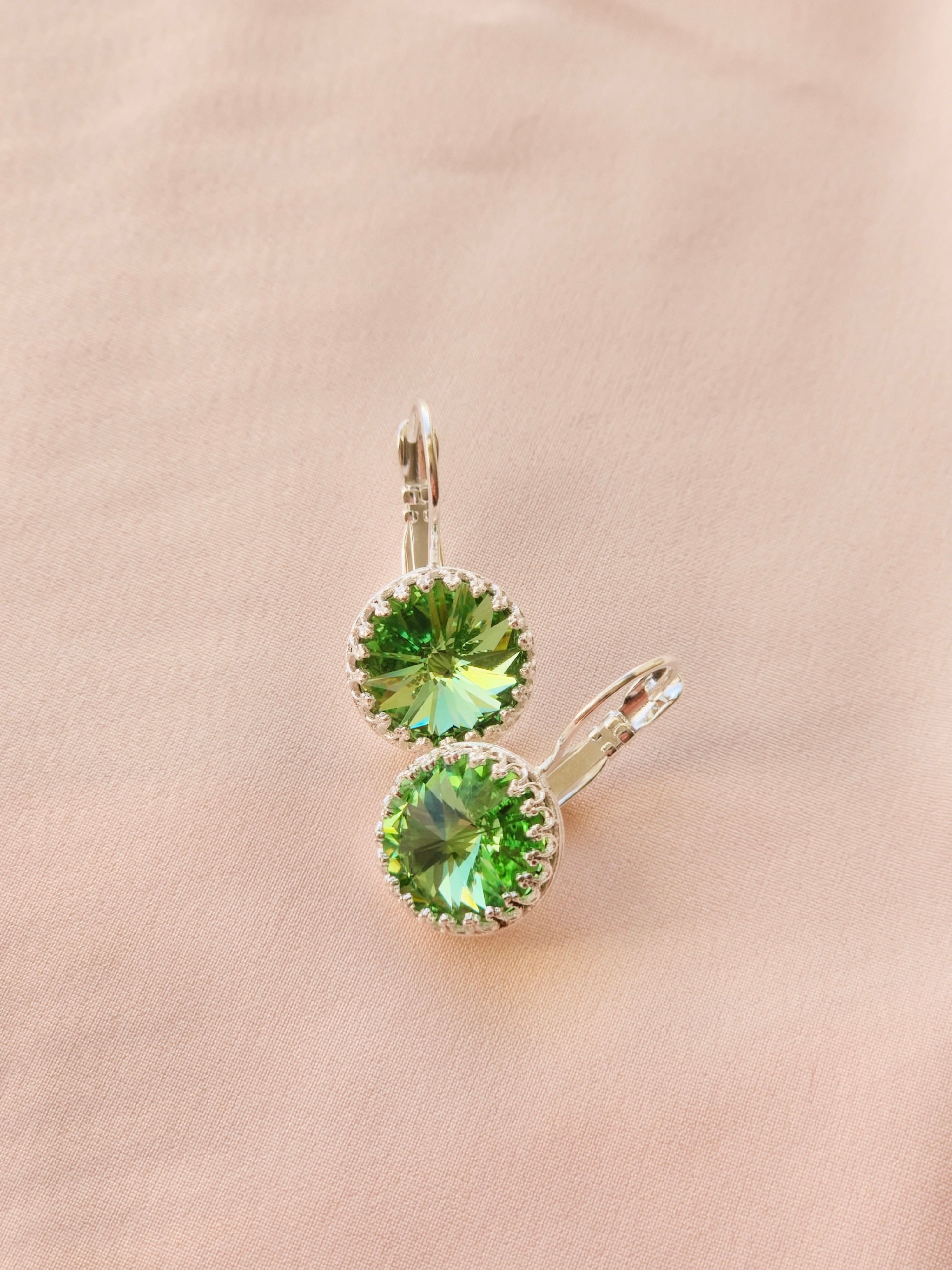 Rhodium Rivoli Leverback Earrings – 12mm Chrysolite Swarovski Crystal