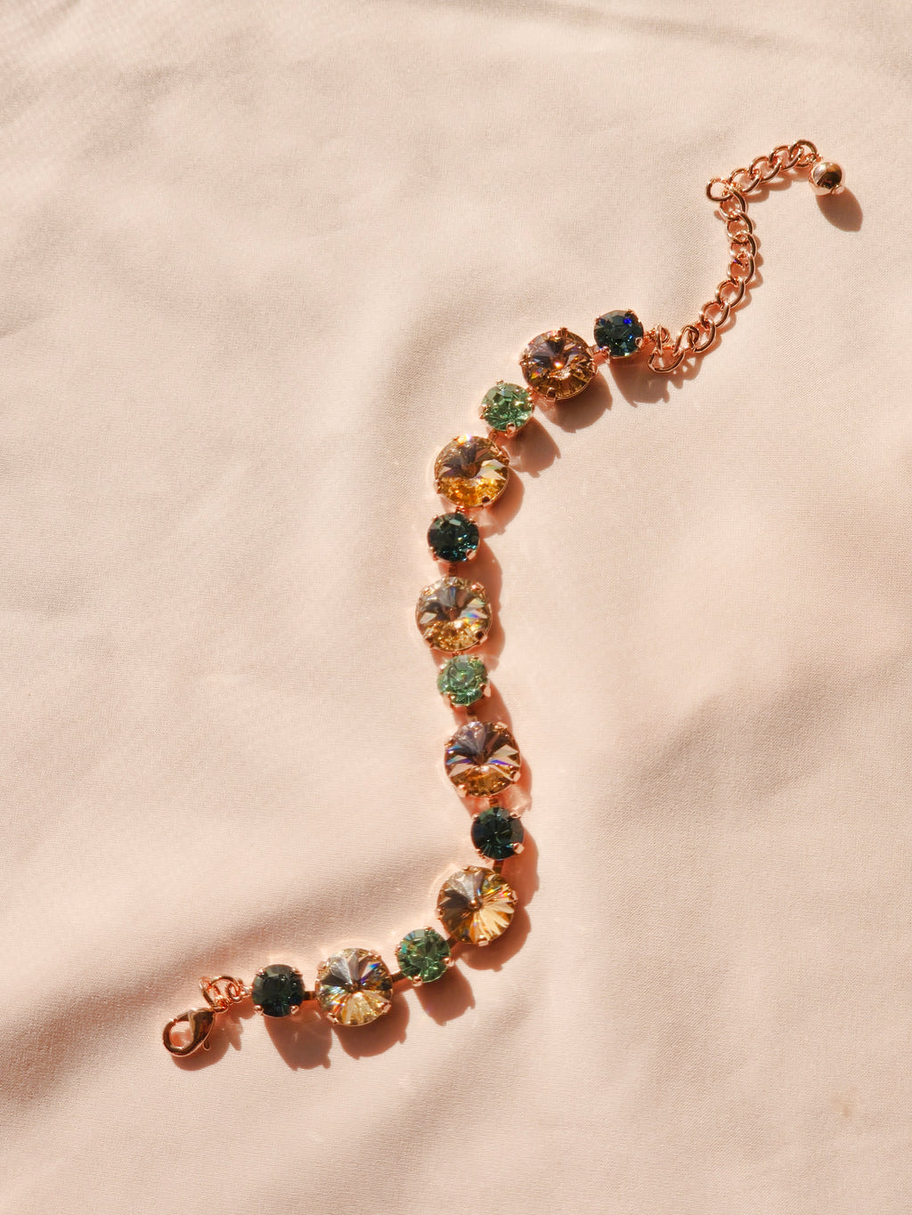 Rose Gold Crystal Rivoli Bracelet – Vintage Rose, Silk, Chrysolite & Smoky Sapphire Swarovski Crystals