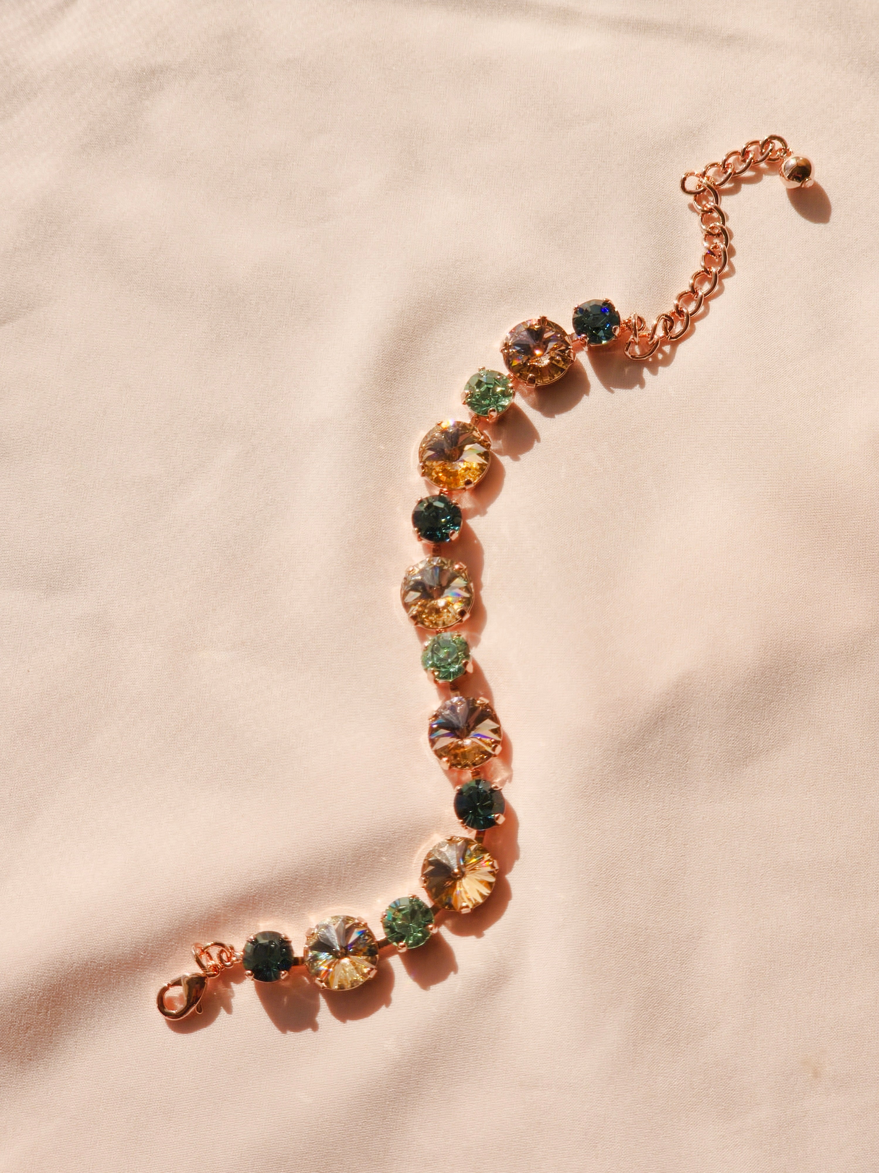 Rose Gold Crystal Rivoli Bracelet – Vintage Rose, Silk, Chrysolite & Smoky Sapphire Swarovski Crystals