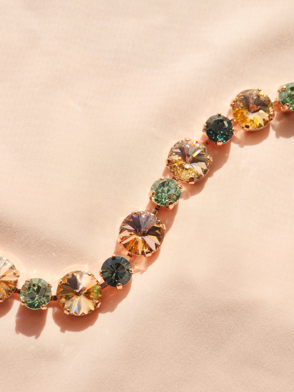 Rose Gold Crystal Rivoli Bracelet – Vintage Rose, Silk, Chrysolite & Smoky Sapphire Swarovski Crystals