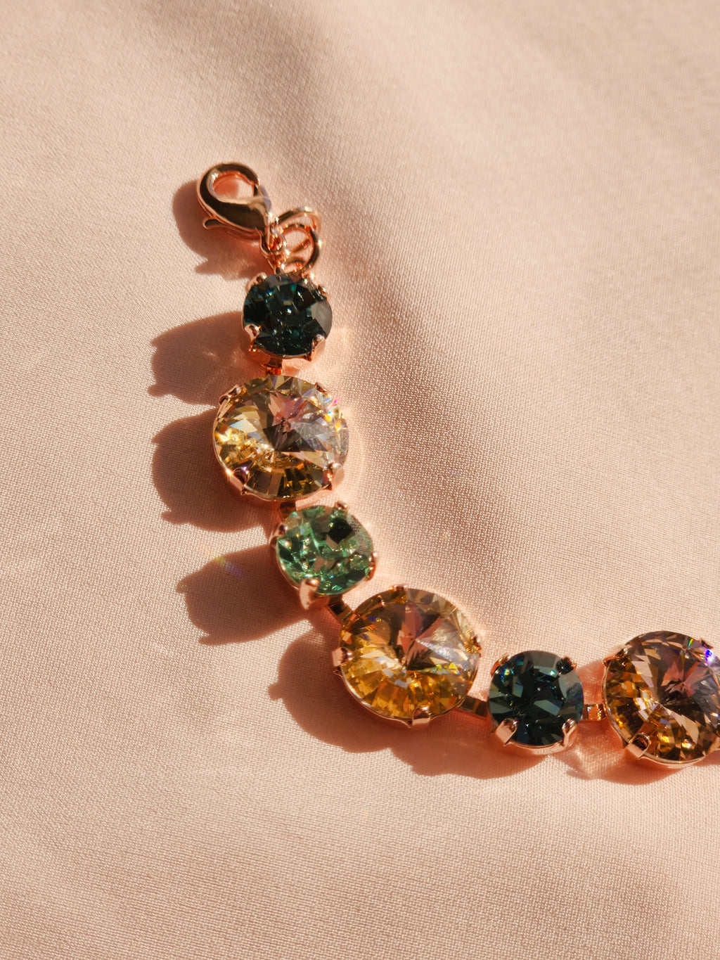 Rose Gold Crystal Rivoli Bracelet – Vintage Rose, Silk, Chrysolite & Smoky Sapphire Swarovski Crystals