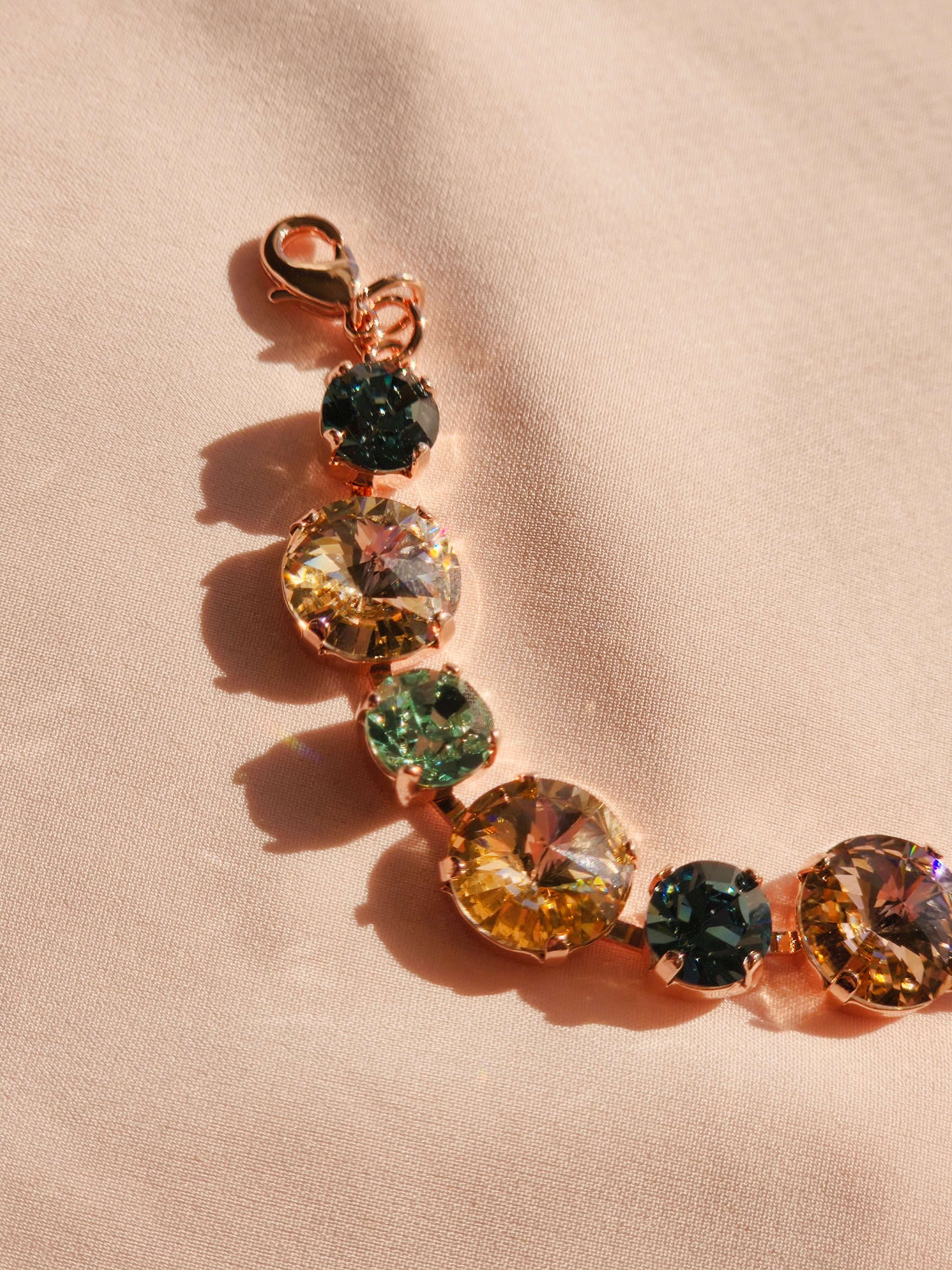 Rose Gold Crystal Rivoli Bracelet – Vintage Rose, Silk, Chrysolite & Smoky Sapphire Swarovski Crystals