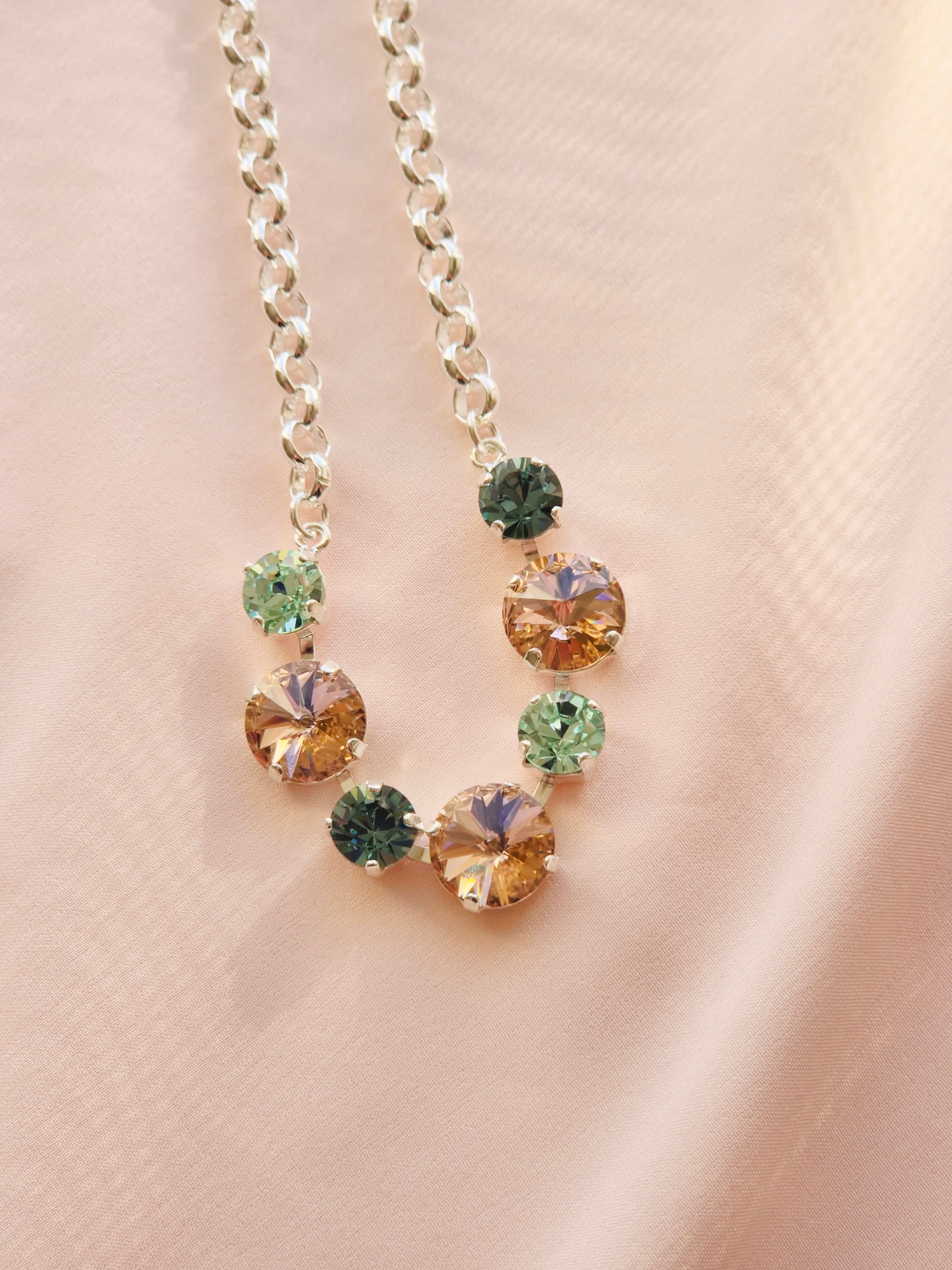 Rhodium Crystal Rivoli Necklace – Smoky Sapphire, Chrysolite & Vintage Rose Swarovski Crystals