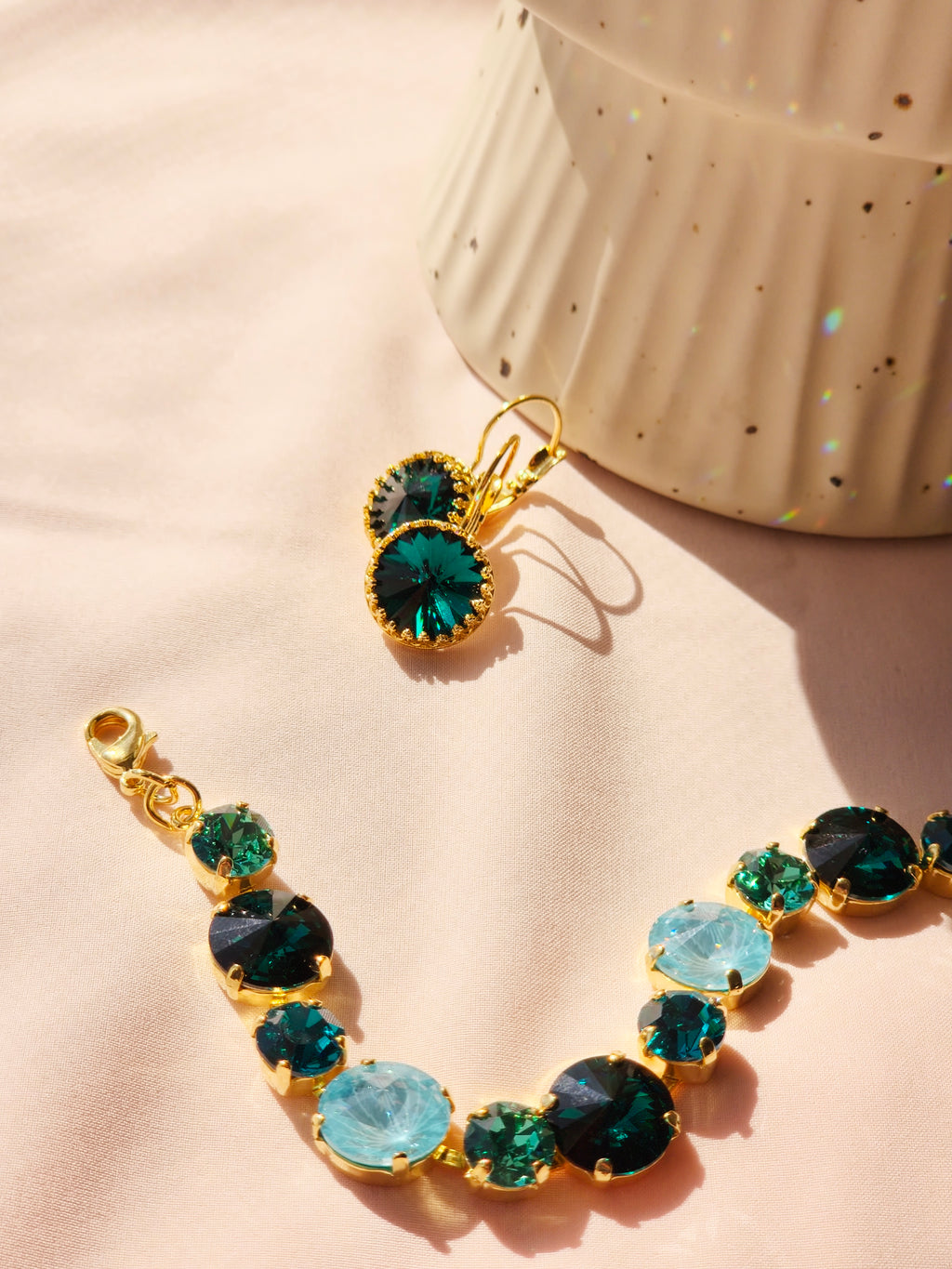 Gold Crystal Rivoli Bracelet – Emerald, Caribbean Green & Paradise Blue Lux Swarovski Crystals
