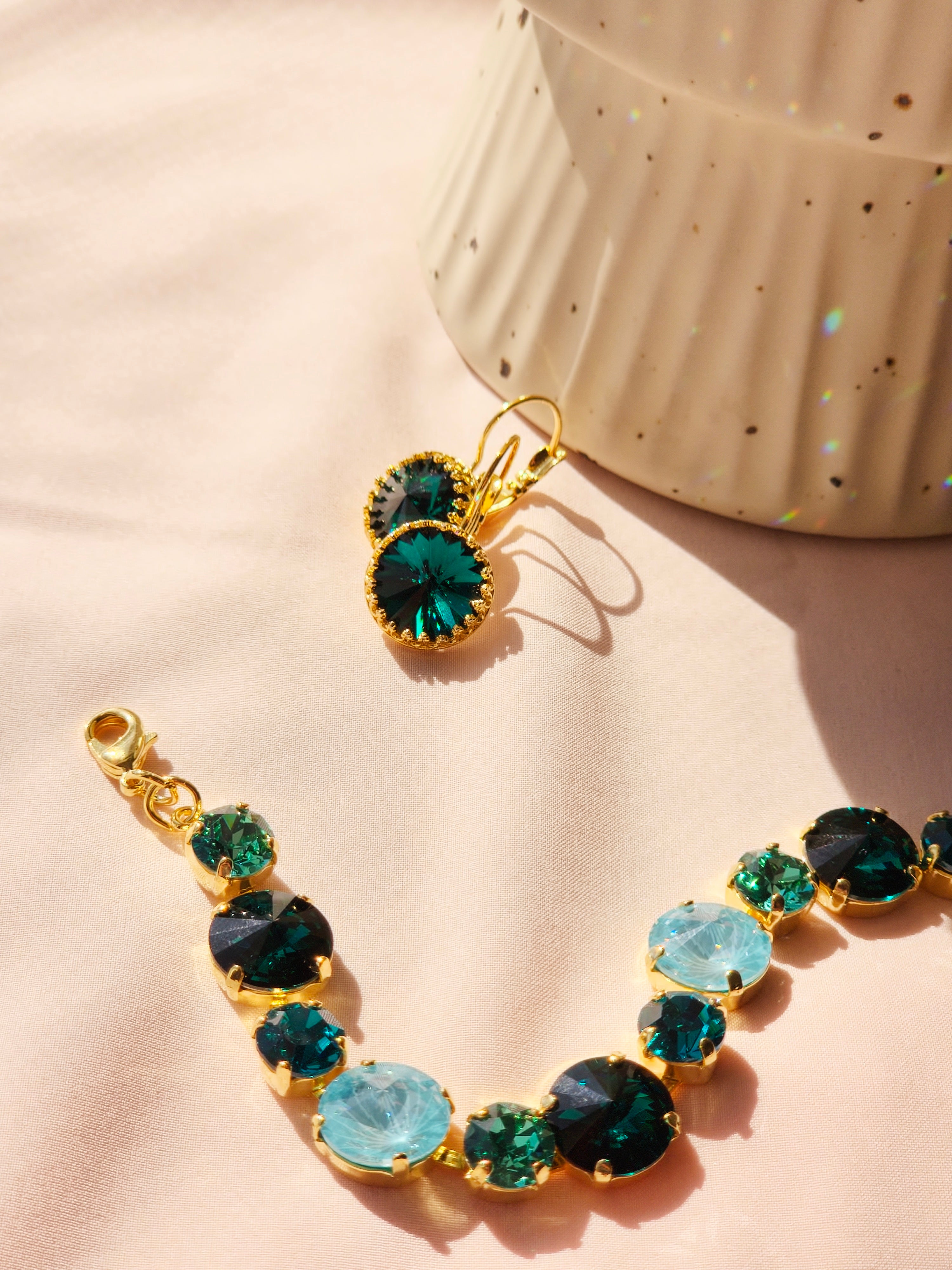 Gold Crystal Rivoli Bracelet – Emerald, Caribbean Green & Paradise Blue Lux Swarovski Crystals