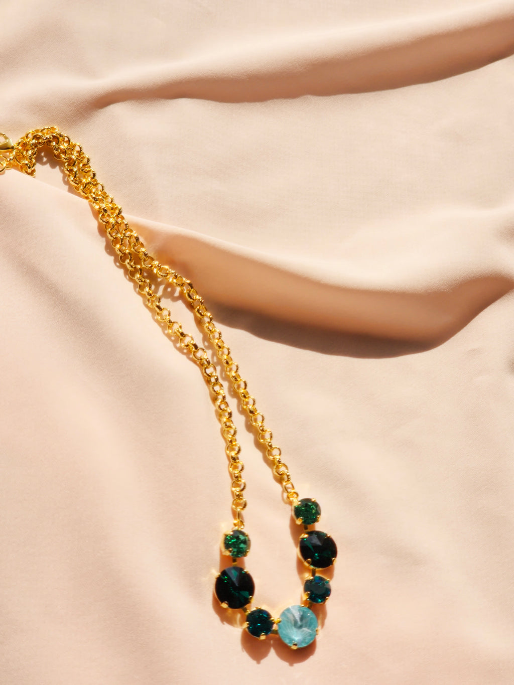 Gold Crystal Rivoli Necklace – Emerald, Caribbean Green & Paradise Blue Lux Swarovski Crystals