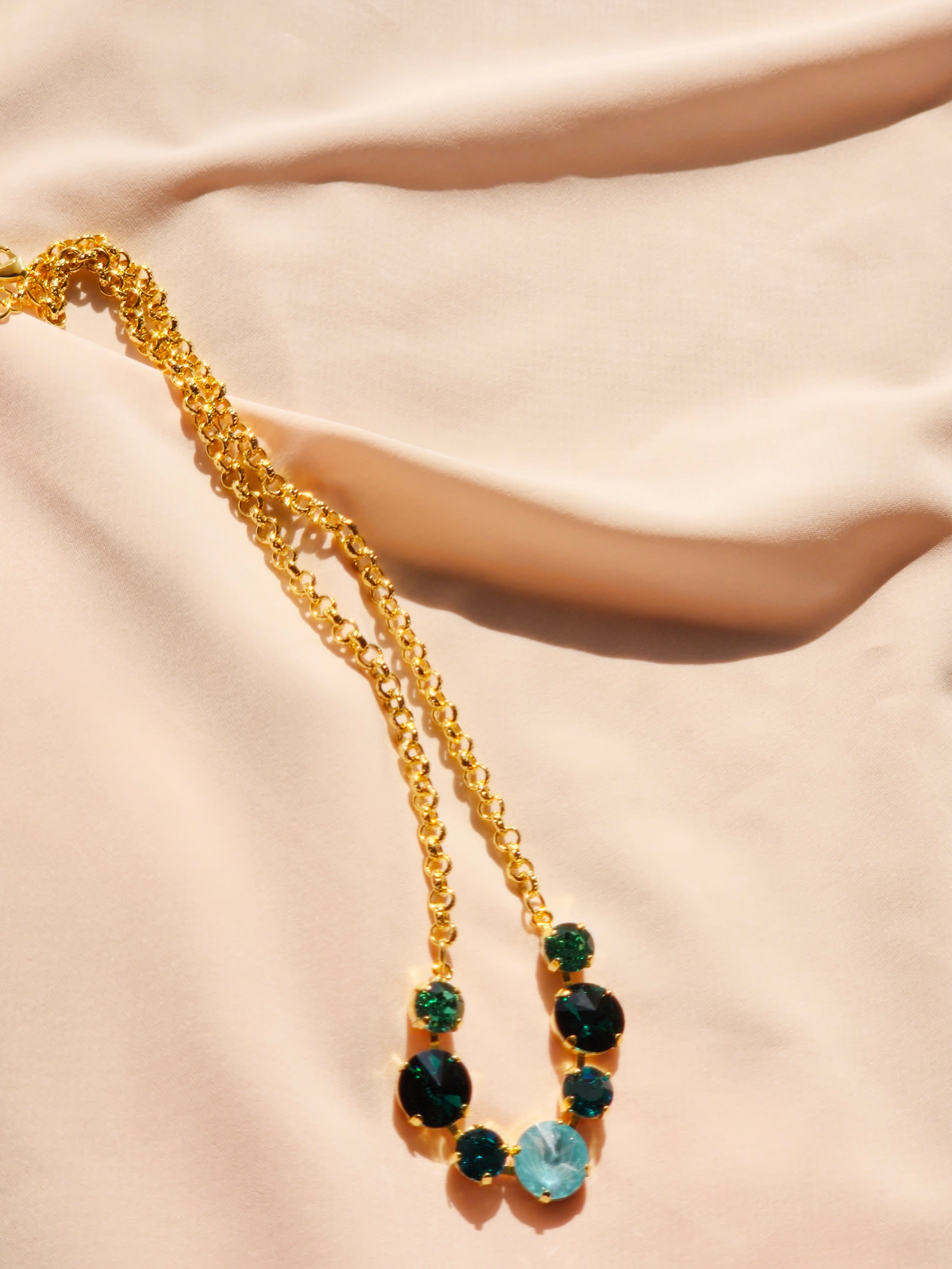 Gold Crystal Rivoli Necklace – Emerald, Caribbean Green & Paradise Blue Lux Swarovski Crystals