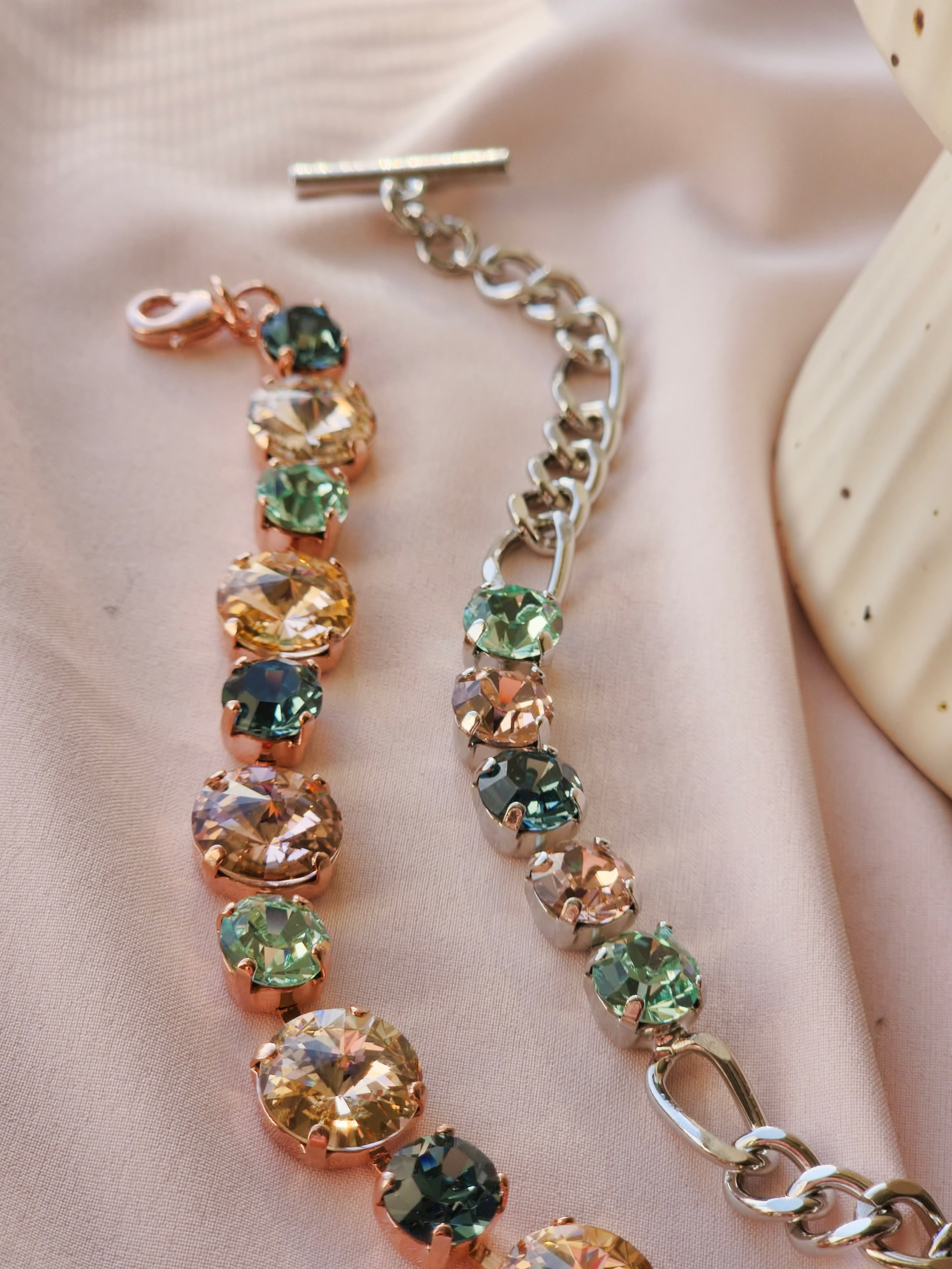Rose Gold Crystal Rivoli Bracelet – Vintage Rose, Silk, Chrysolite & Smoky Sapphire Swarovski Crystals