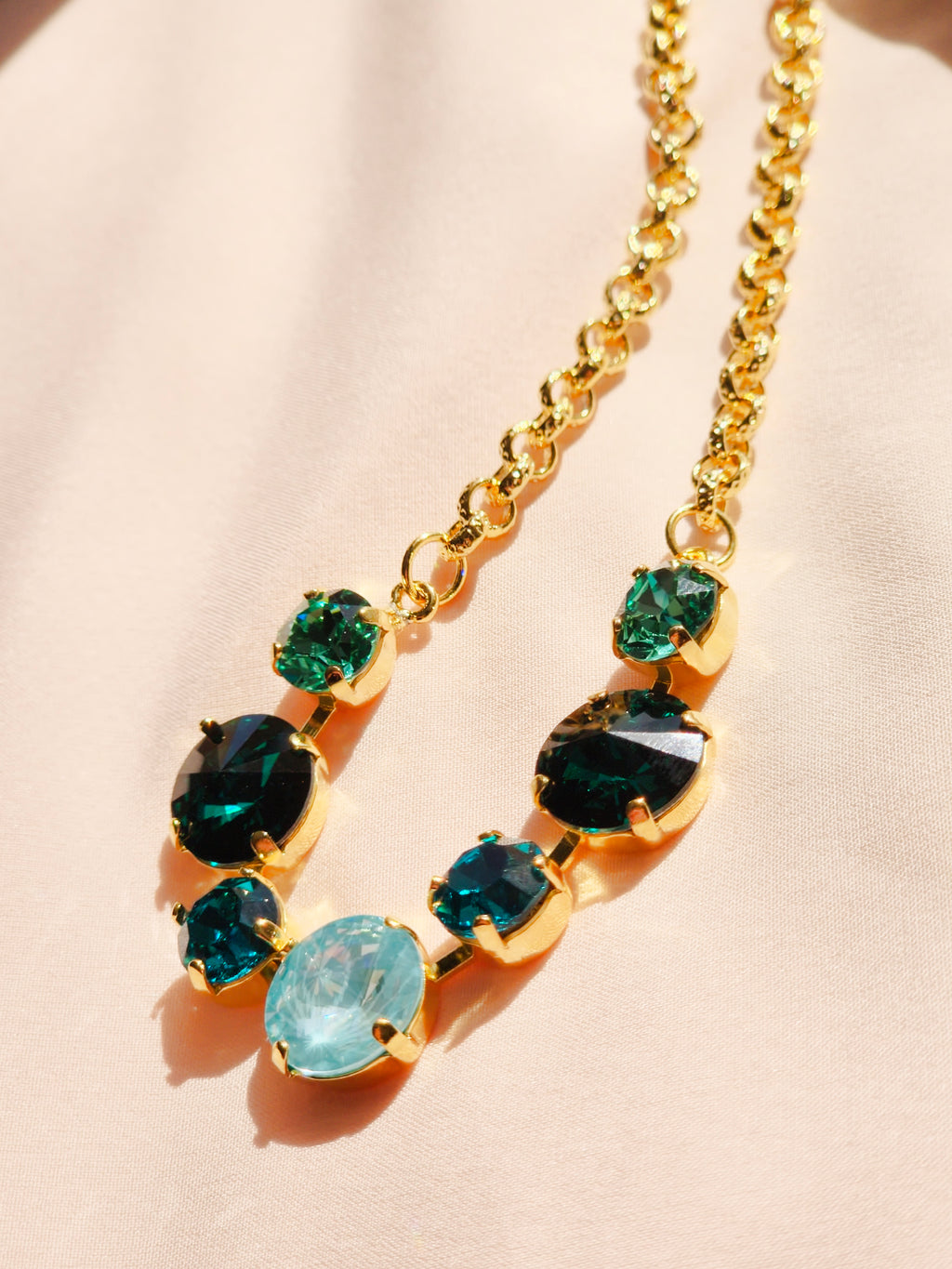 Gold Crystal Rivoli Necklace – Emerald, Caribbean Green & Paradise Blue Lux Swarovski Crystals