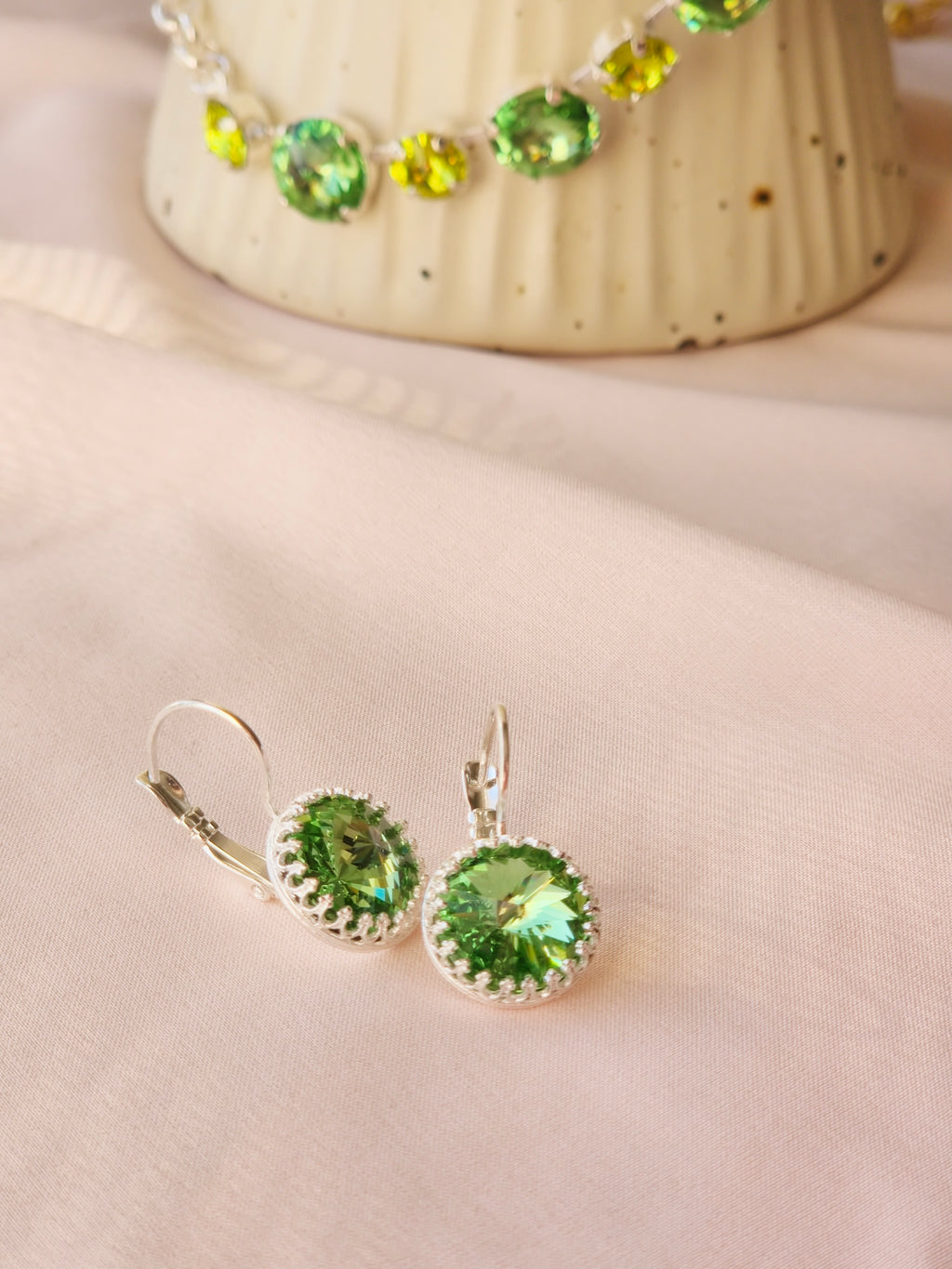 Rhodium Rivoli Leverback Earrings – 12mm Chrysolite Swarovski Crystal