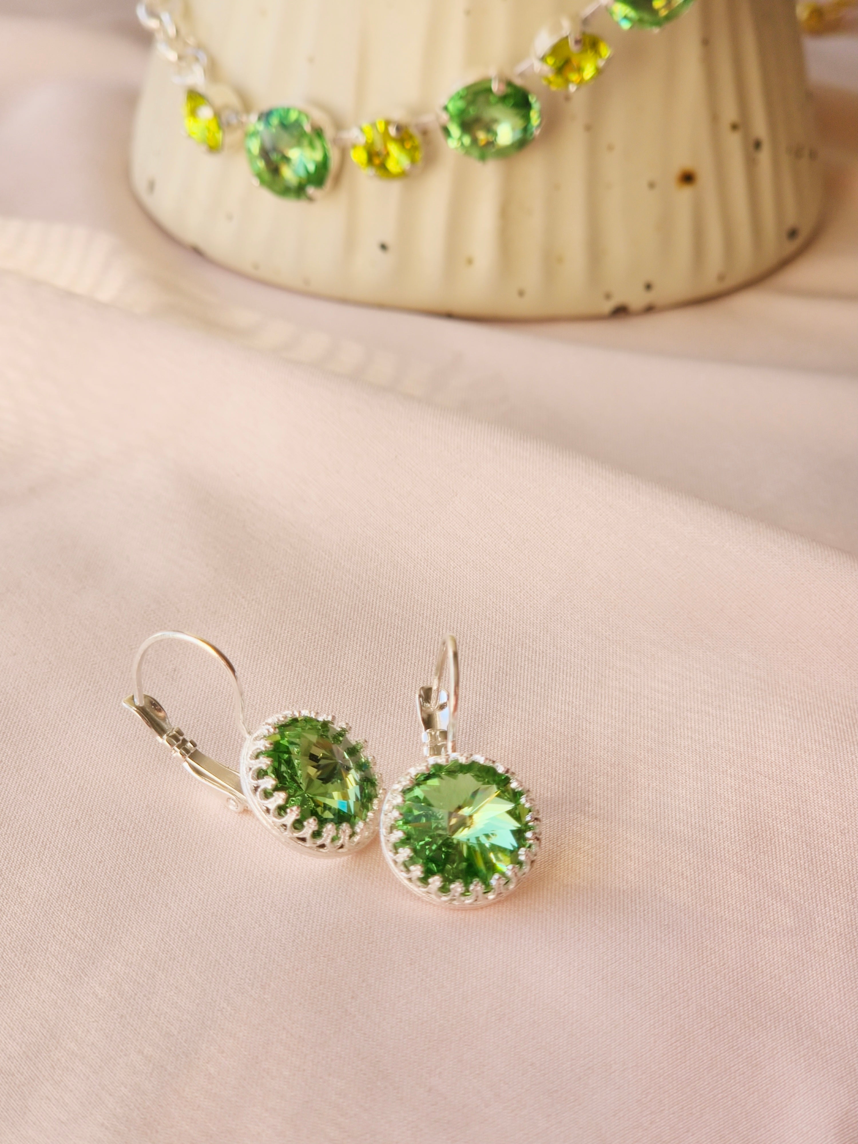 Rhodium Rivoli Leverback Earrings – 12mm Chrysolite Swarovski Crystal
